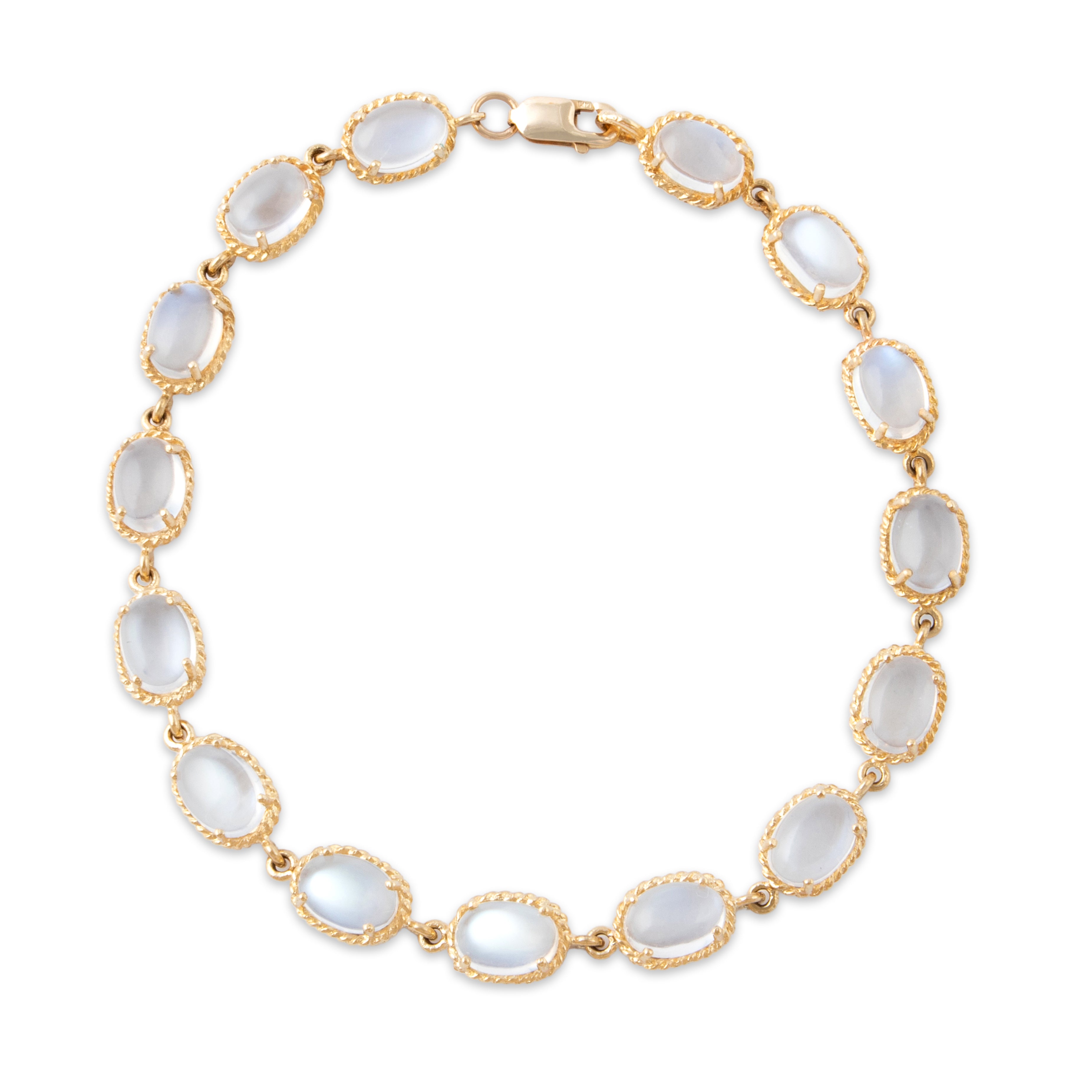 Vintage 10k Yellow Gold 10.2cttw Moonstone Glowing Cable-Framed Cabochon Line Bracelet - Close-up view
