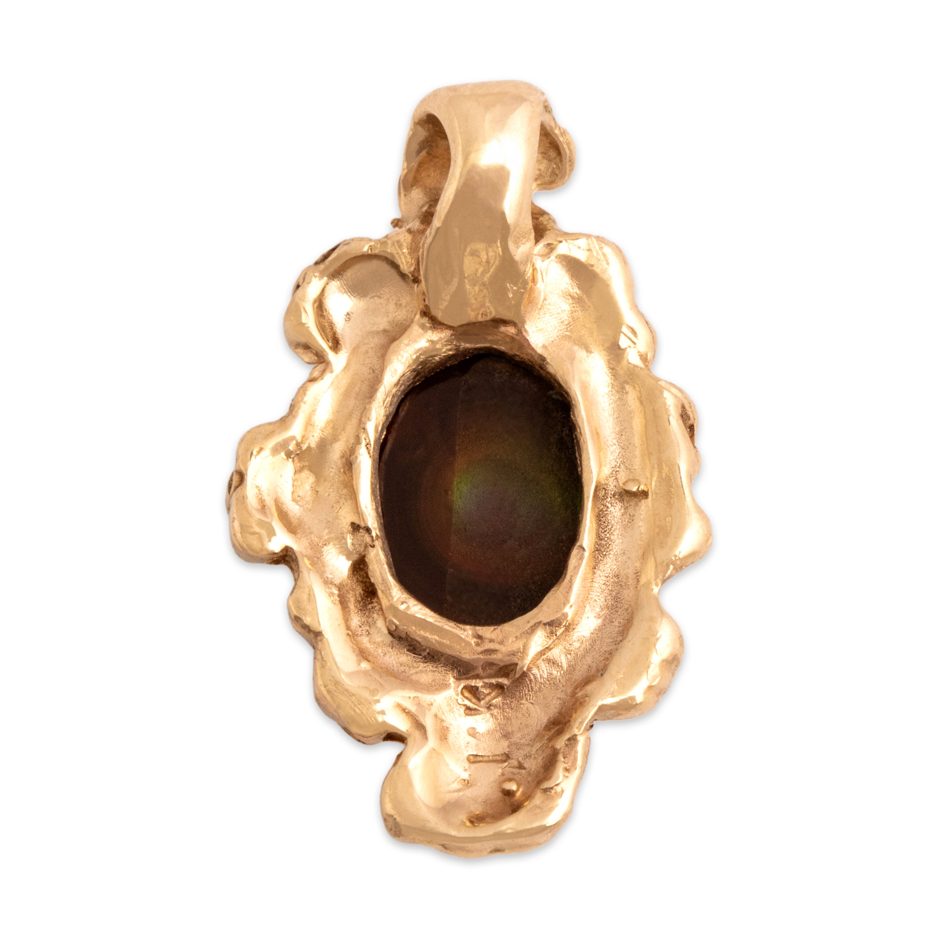 Vintage 14k Yellow Gold 1.27ct Fire Agate Organic Framed Cabochon Pendant - Back view