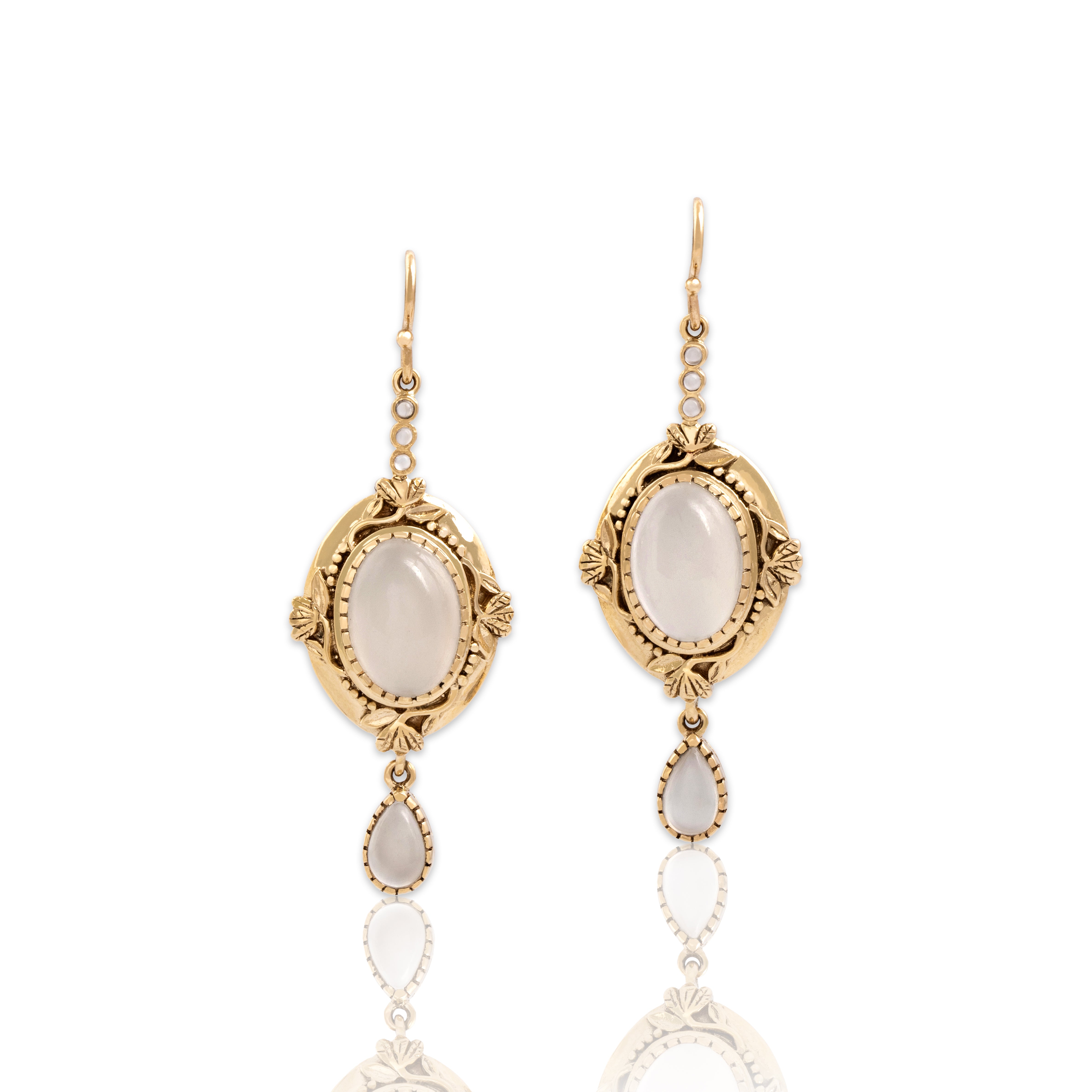 Vintage Large 9k Yellow Gold 14.59cttw Moonstone Ornate Framed Dangle Earrings