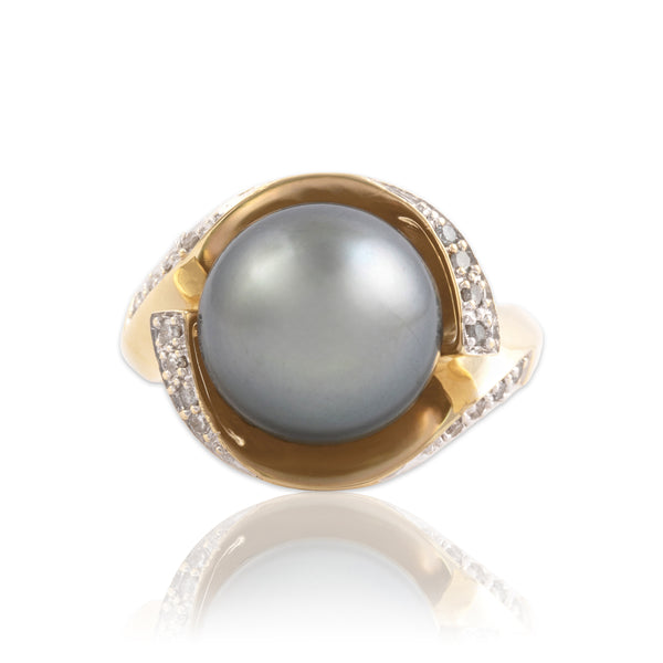 Vintage 14k Yellow Gold Diamond Tahitian Pearl Bold Gleaming Swirl Ring 7.00