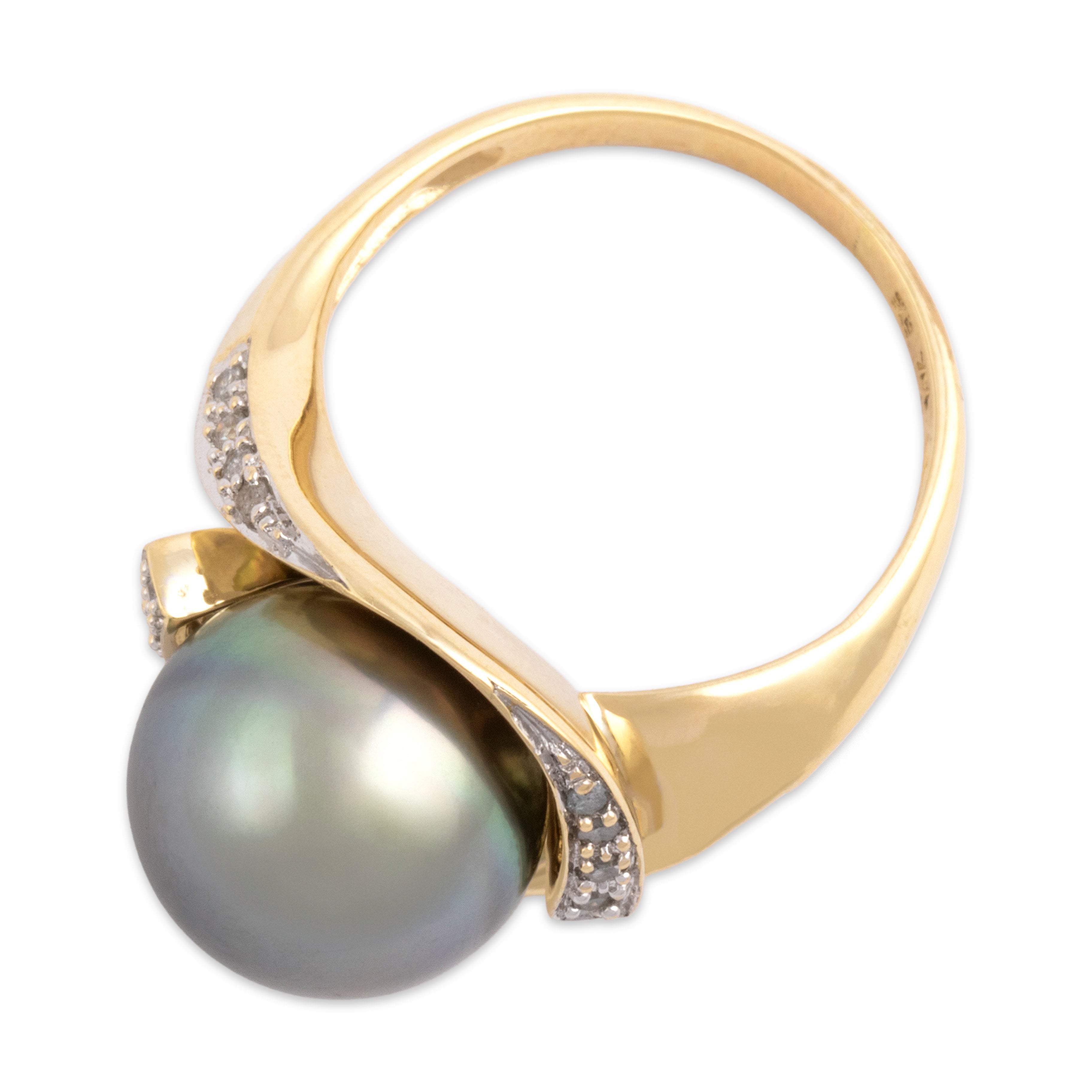 Vintage 14k Yellow Gold Diamond Tahitian Pearl Bold Gleaming Swirl Ring - Overall view