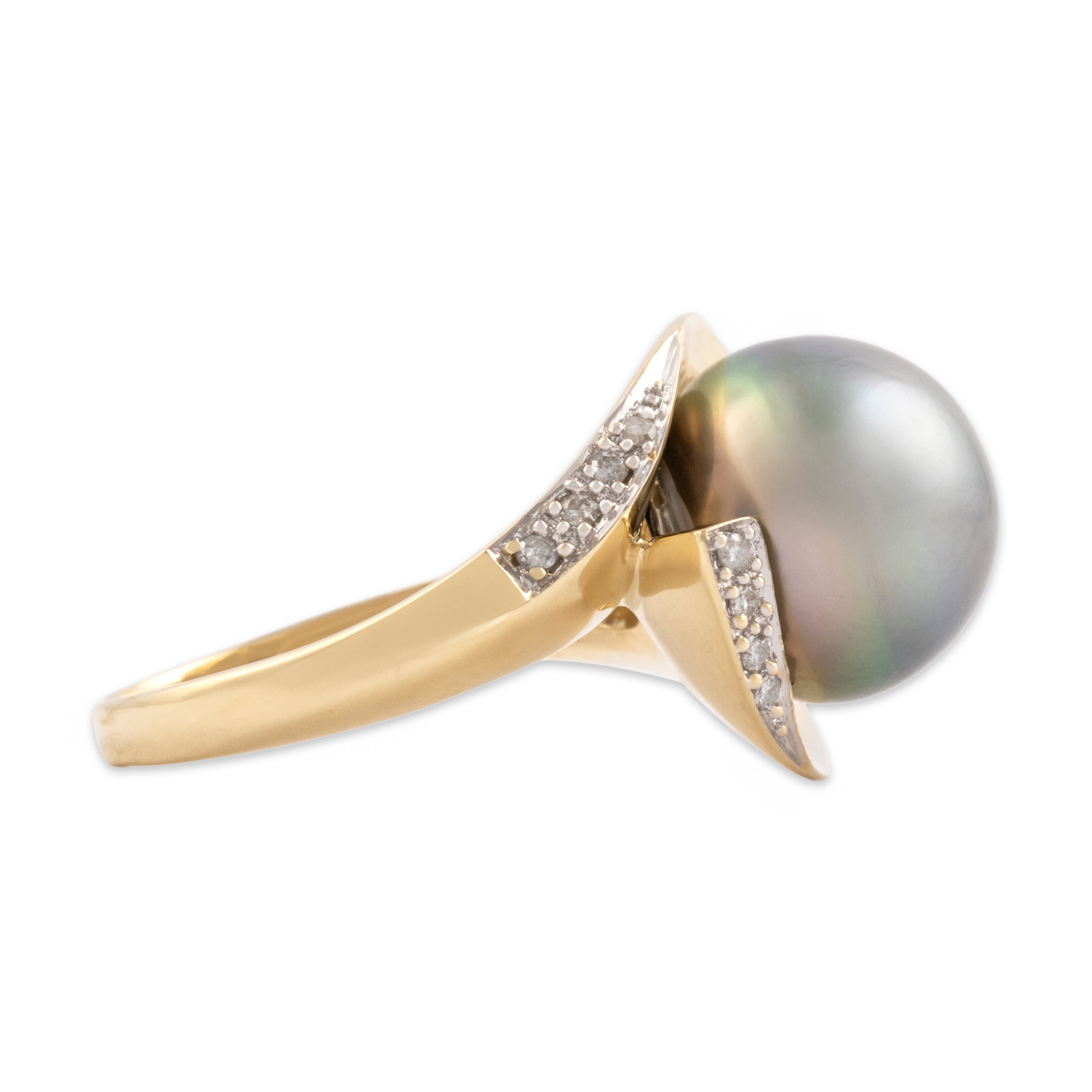 Vintage 14k Yellow Gold Diamond Tahitian Pearl Bold Gleaming Swirl Ring - Side view