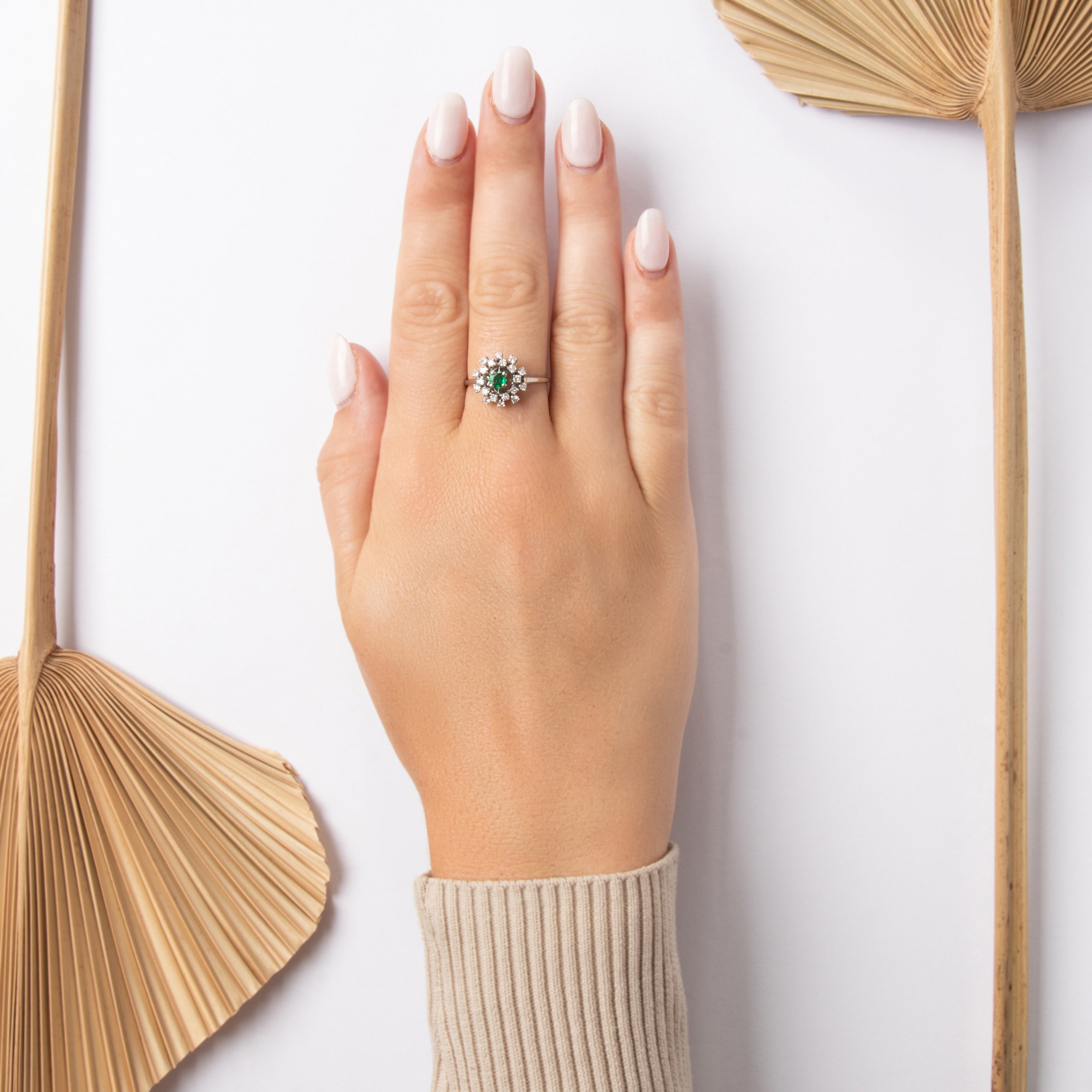 Vintage 14k White Gold Diamond Emerald Dazzling Burst Halo Ring - On model view