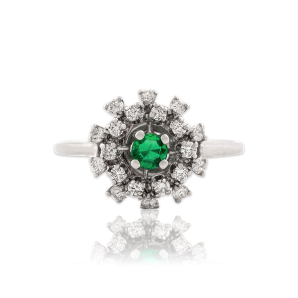 Vintage 14k White Gold Diamond Emerald Dazzling Burst Halo Ring 8.50