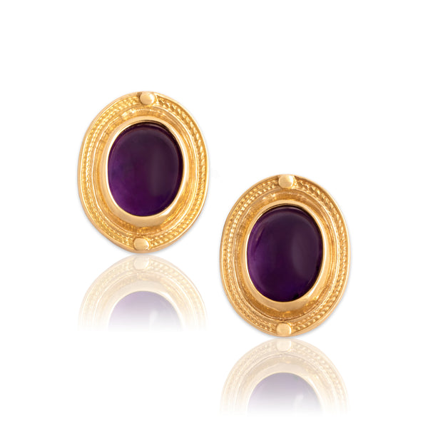 Vintage Large 14k Yellow Gold 9.26cttw Amethyst Framed Cabochon Stud Earrings