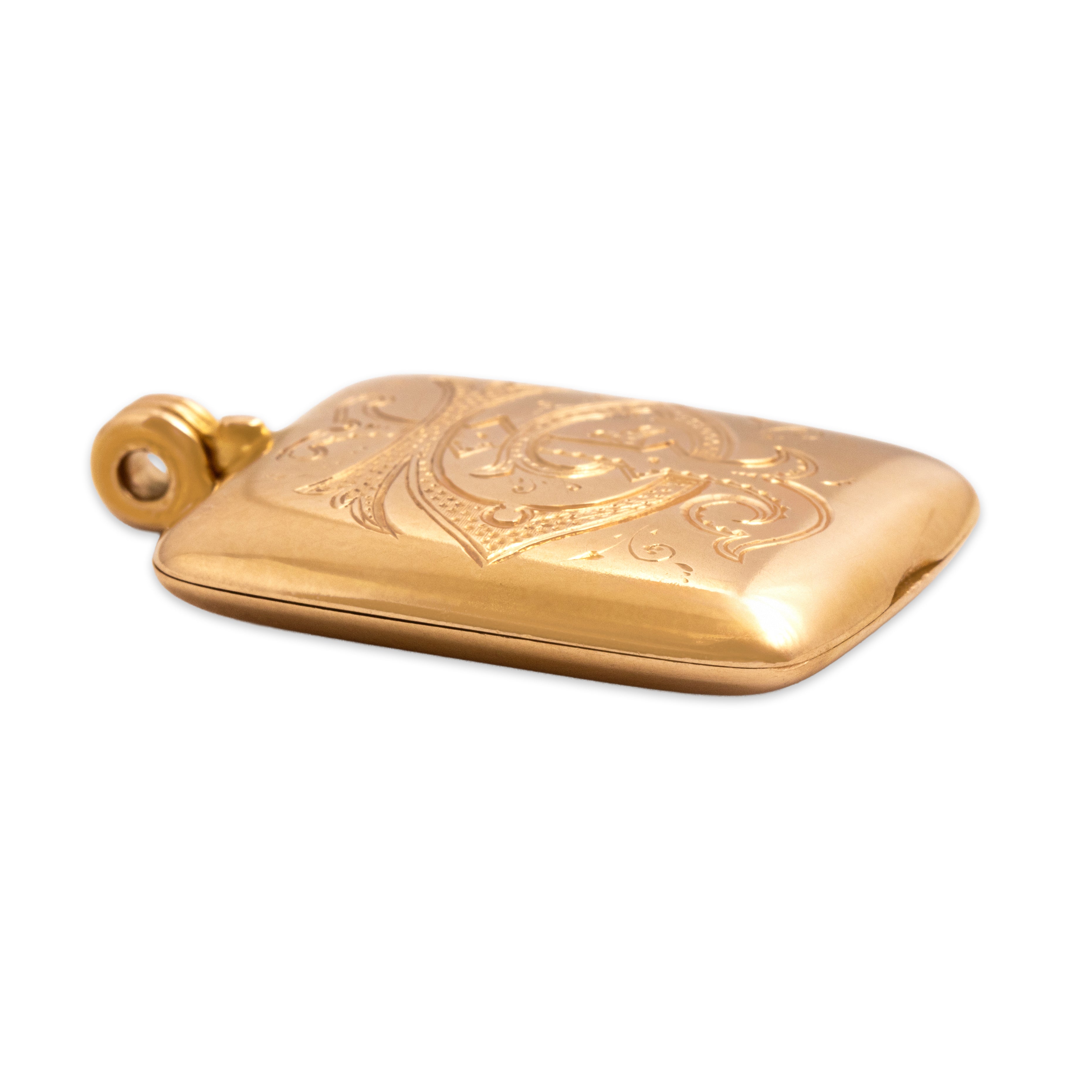 Antique 14k Rosy Yellow Gold Incredible Rectangular Engraved Monogram Photo Locket Pendant - Side view