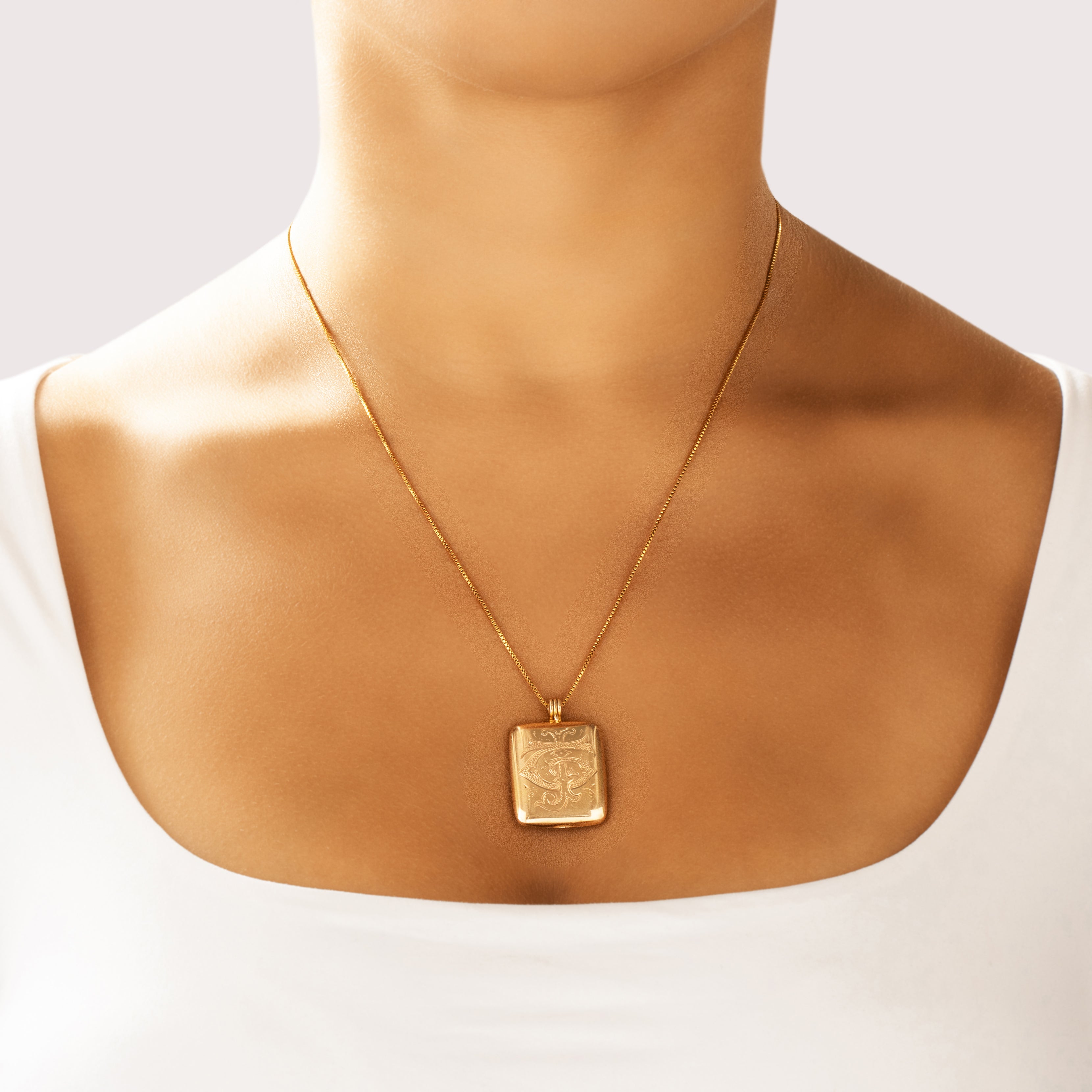 Antique 14k Rosy Yellow Gold Incredible Rectangular Engraved Monogram Photo Locket Pendant - On model view