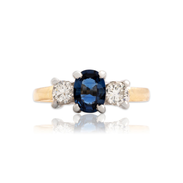 Vintage 14k Yellow & White Gold .87ct Blue Sapphire Diamond Stellar Trio Ring 7.00