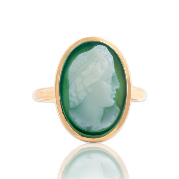 Antique 10k Rosy Yellow Gold 4.2ct Teal Chalcedony Elegant Carved Cameo Ring 6.25
