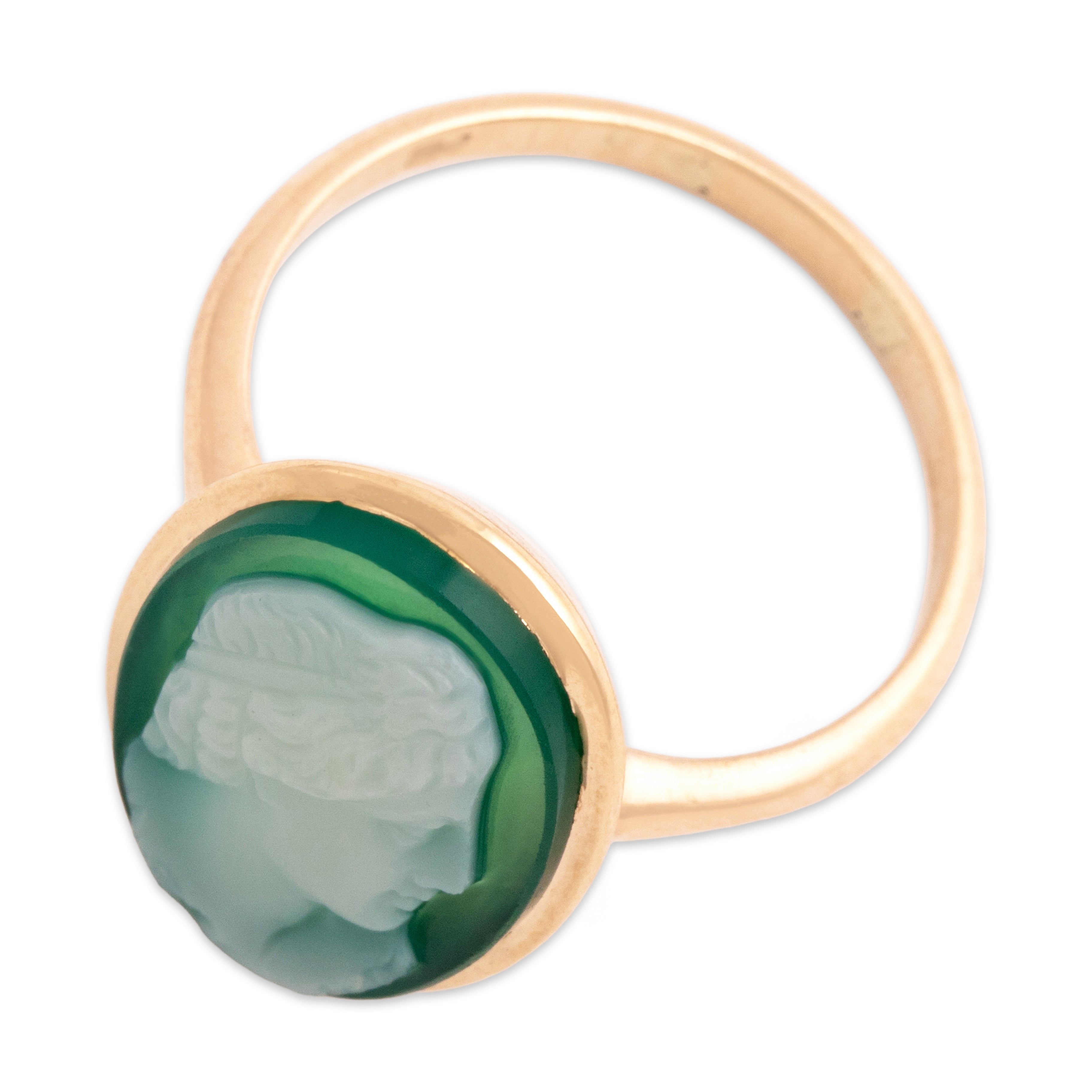 Antique 10k Rosy Yellow Gold 4.2ct Teal Chalcedony Elegant Carved Cameo Ring 6.25