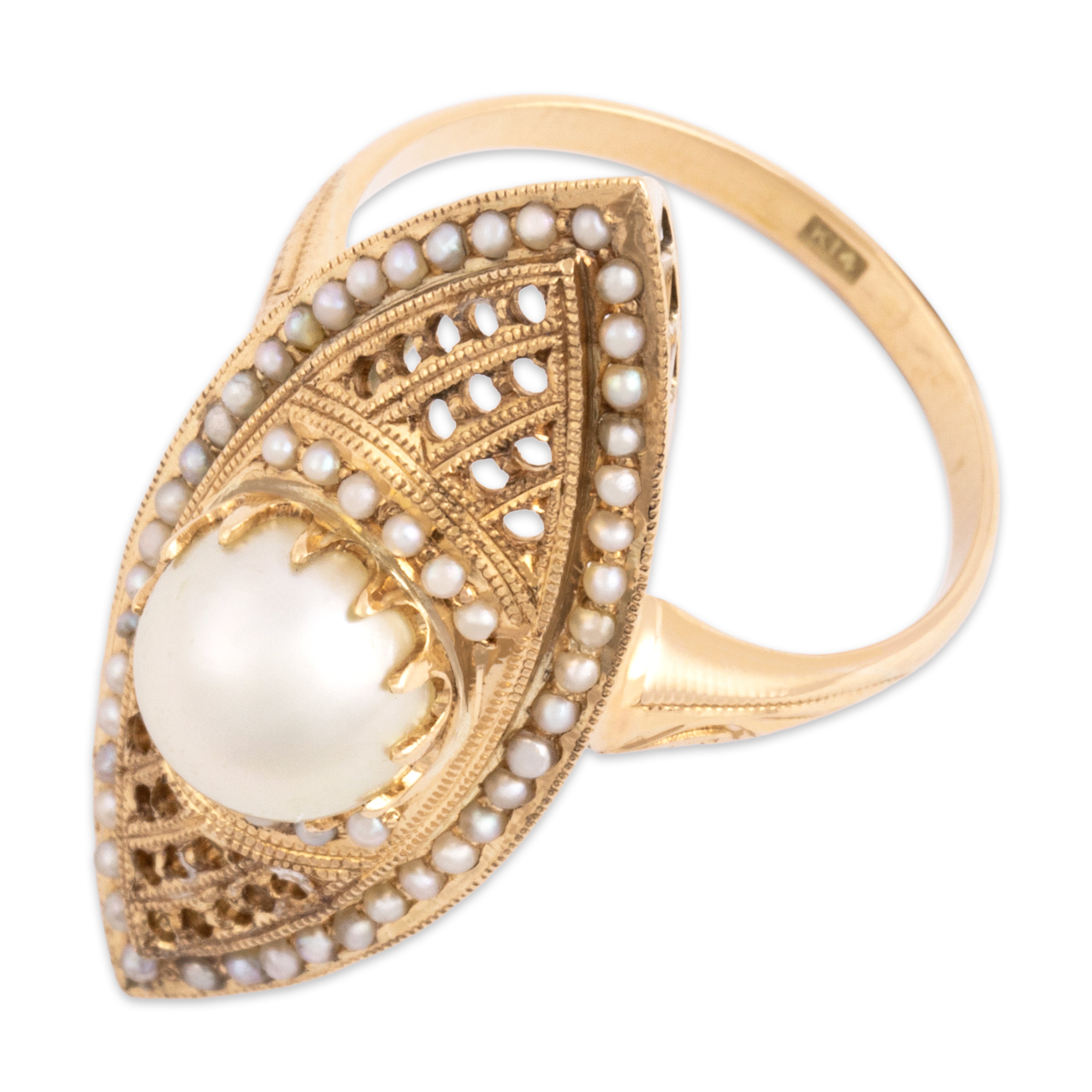 Antique 14k Yellow Gold Pearl Striking Milgrain Open Detail Navette Ring - Overall view