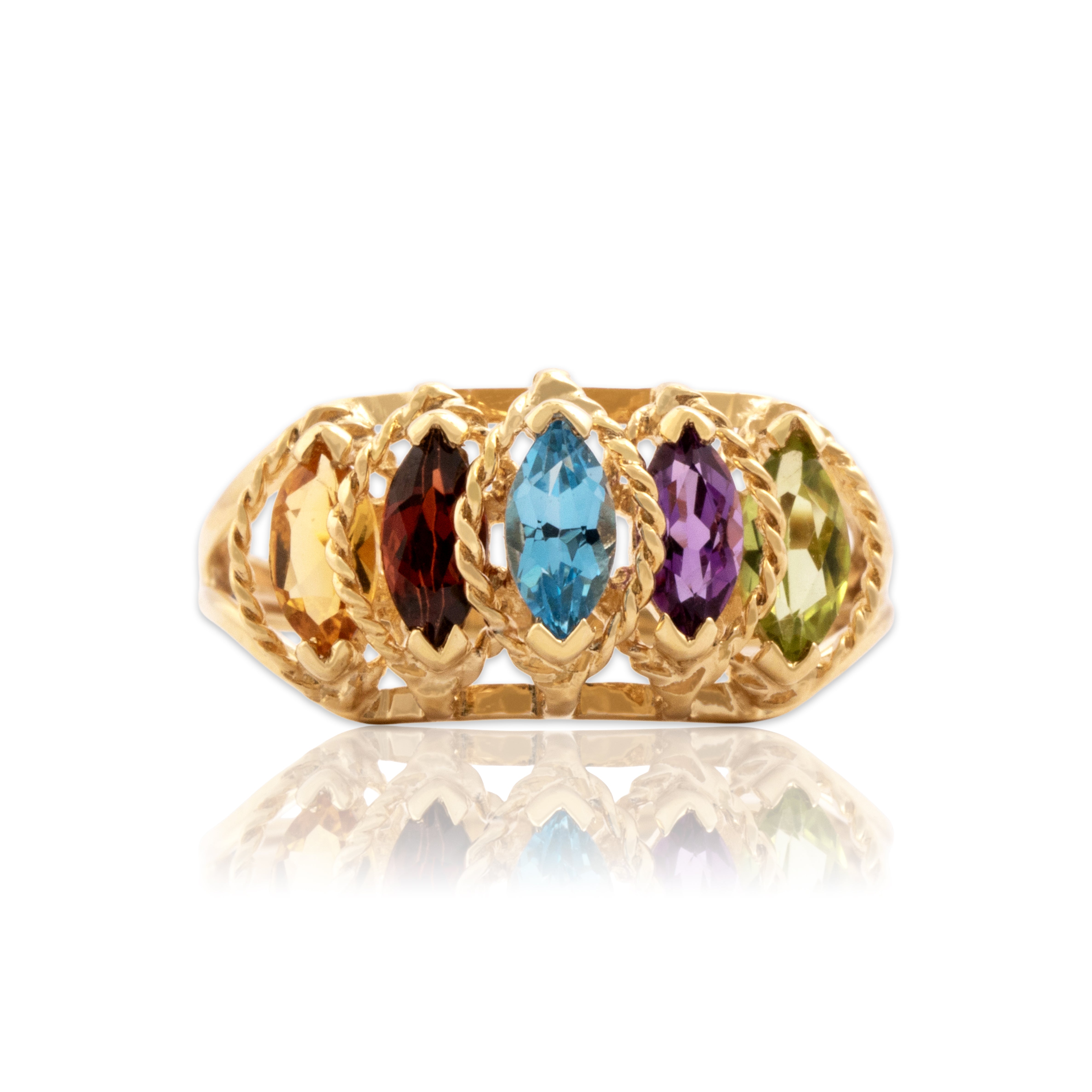 Vintage 14k Yellow Gold Garnet Blue Topaz Peridot Blue Citrine Amethyst Rainbow Marquise Step Ring - Close-up view