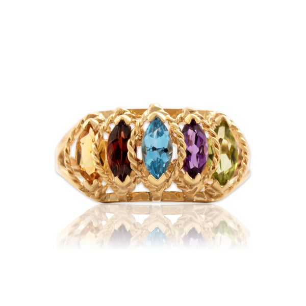 Vintage 14k Yellow Gold Multistone Rainbow Marquise Step Ring 6.75