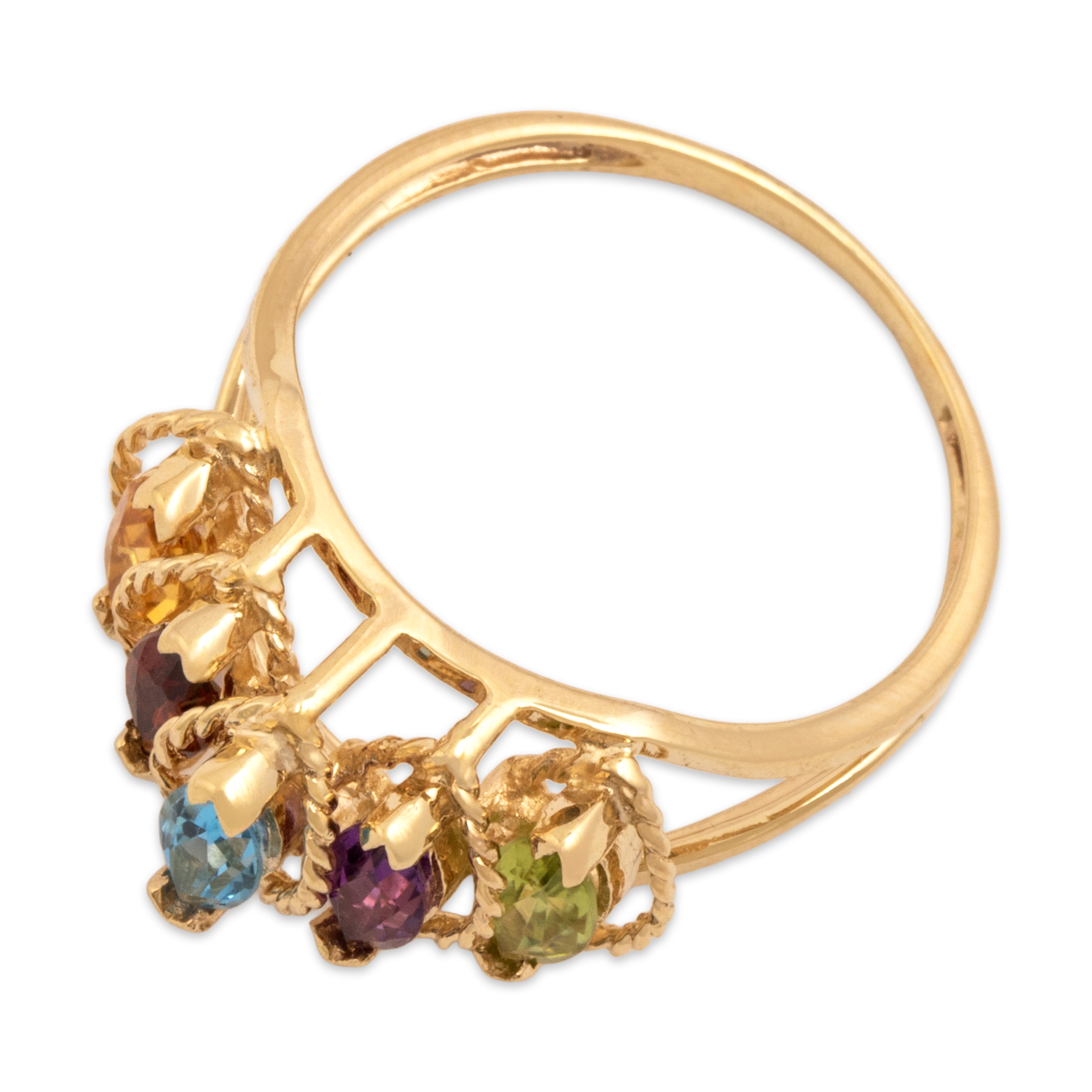Vintage 14k Yellow Gold Garnet Blue Topaz Peridot Blue Citrine Amethyst Rainbow Marquise Step Ring - Overall view