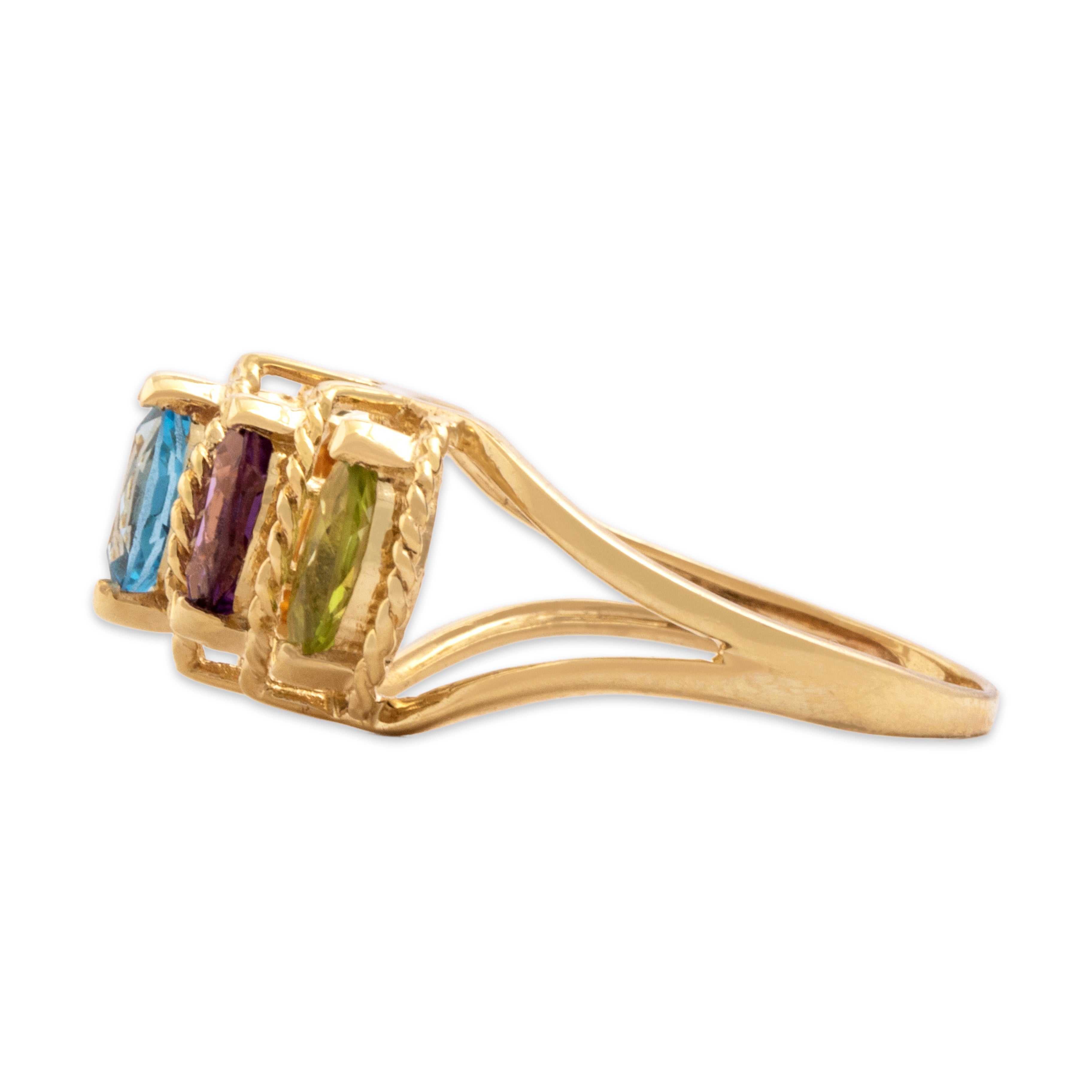 Vintage 14k Yellow Gold Garnet Blue Topaz Peridot Blue Citrine Amethyst Rainbow Marquise Step Ring - Side view