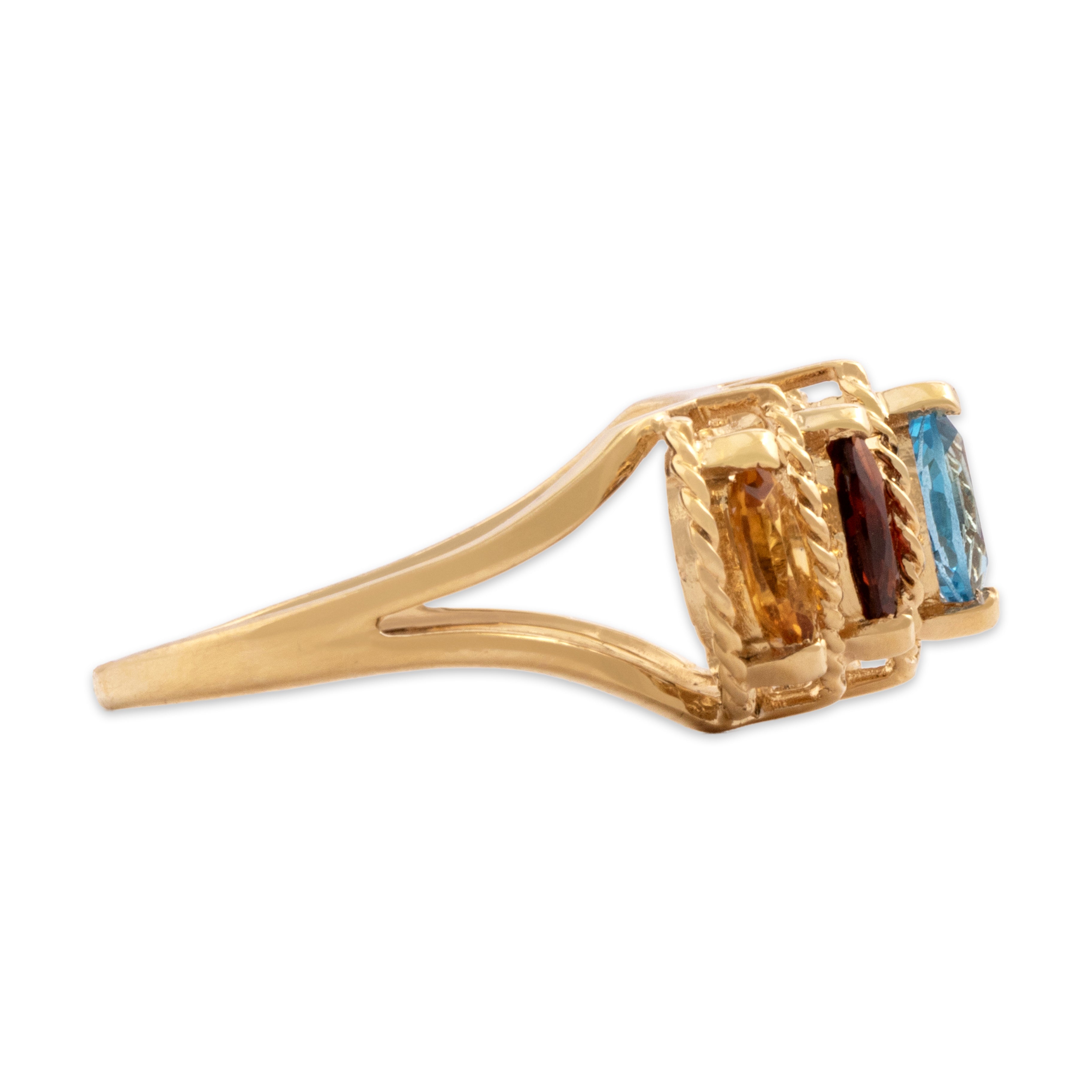 Vintage 14k Yellow Gold Garnet Blue Topaz Peridot Blue Citrine Amethyst Rainbow Marquise Step Ring - Side view