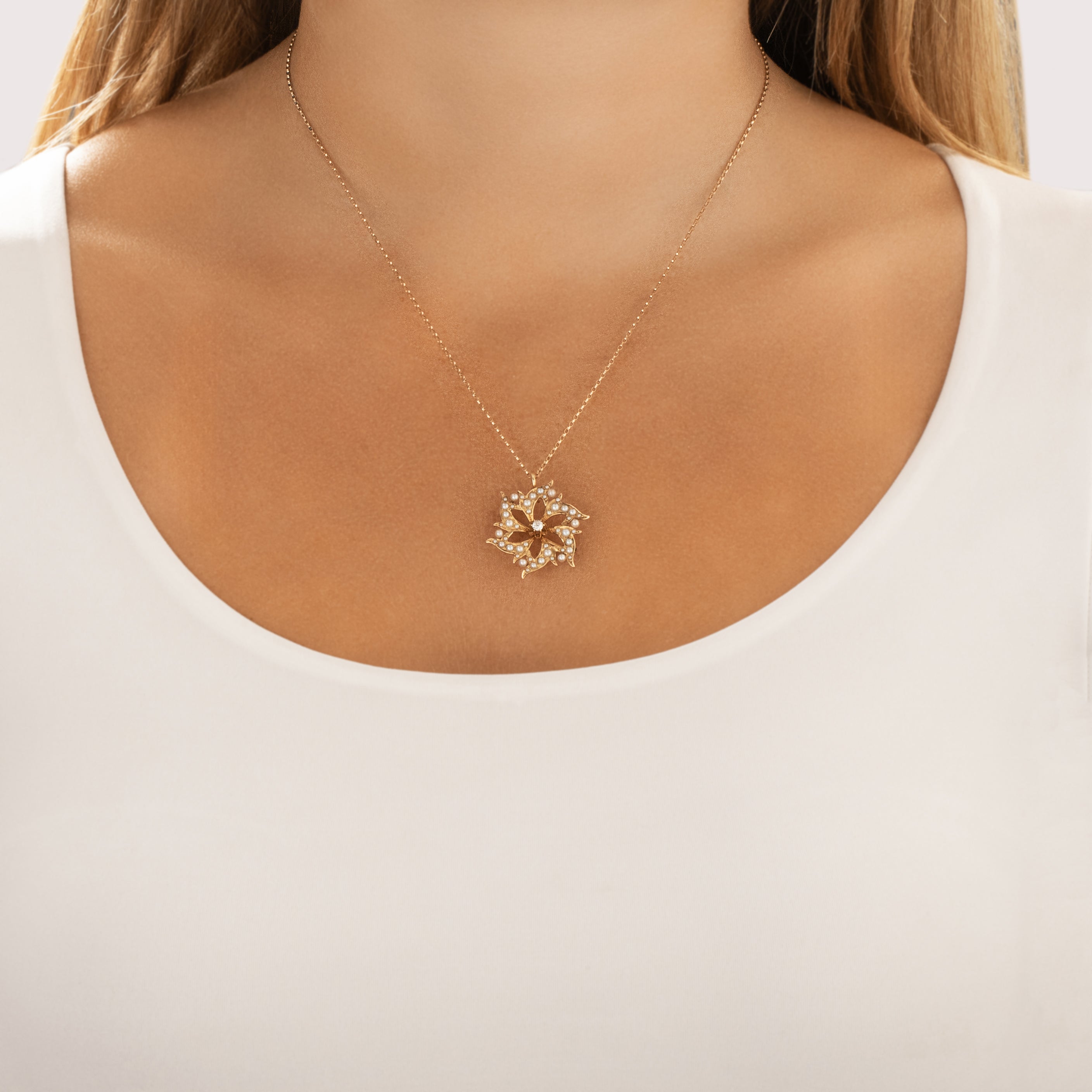 Antique 14k Yellow Gold Old Mine Cut Diamond Pearl Starflower Pin / Pendant - On model view