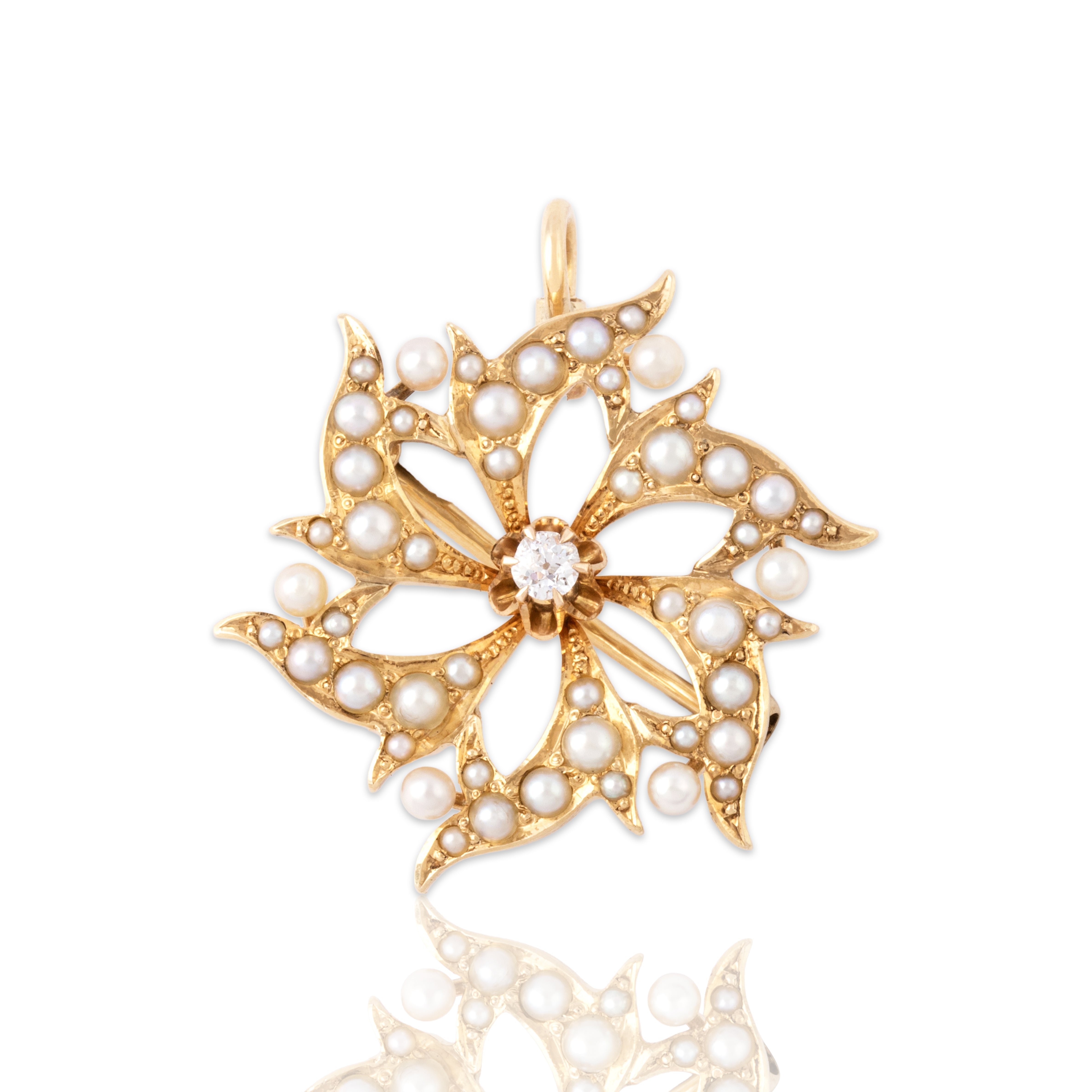 Antique 14k Yellow Gold Old Mine Cut Diamond Pearl Starflower Pin / Pendant - Close-up view