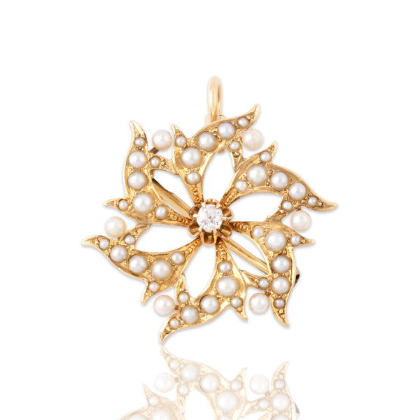 Antique 14k Yellow Gold .08ct Old Mine Cut Diamond Pearl Starflower Pin / Pendant