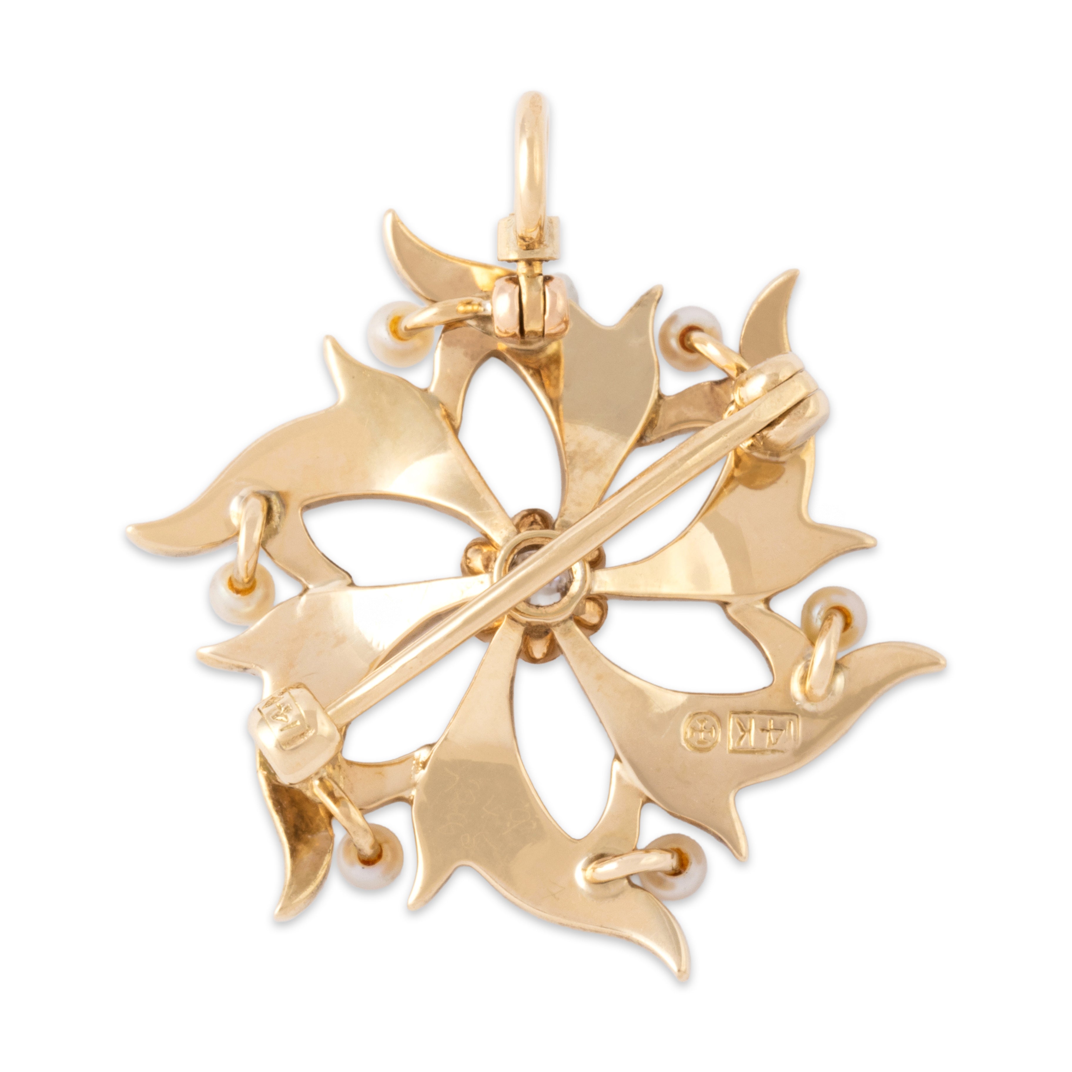 Antique 14k Yellow Gold Old Mine Cut Diamond Pearl Starflower Pin / Pendant - Back view
