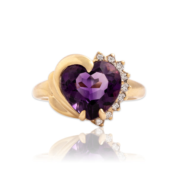 Vintage 14k Yellow Gold 2.83ct Amethyst Diamond Lovely Accented Heart Ring 6.00