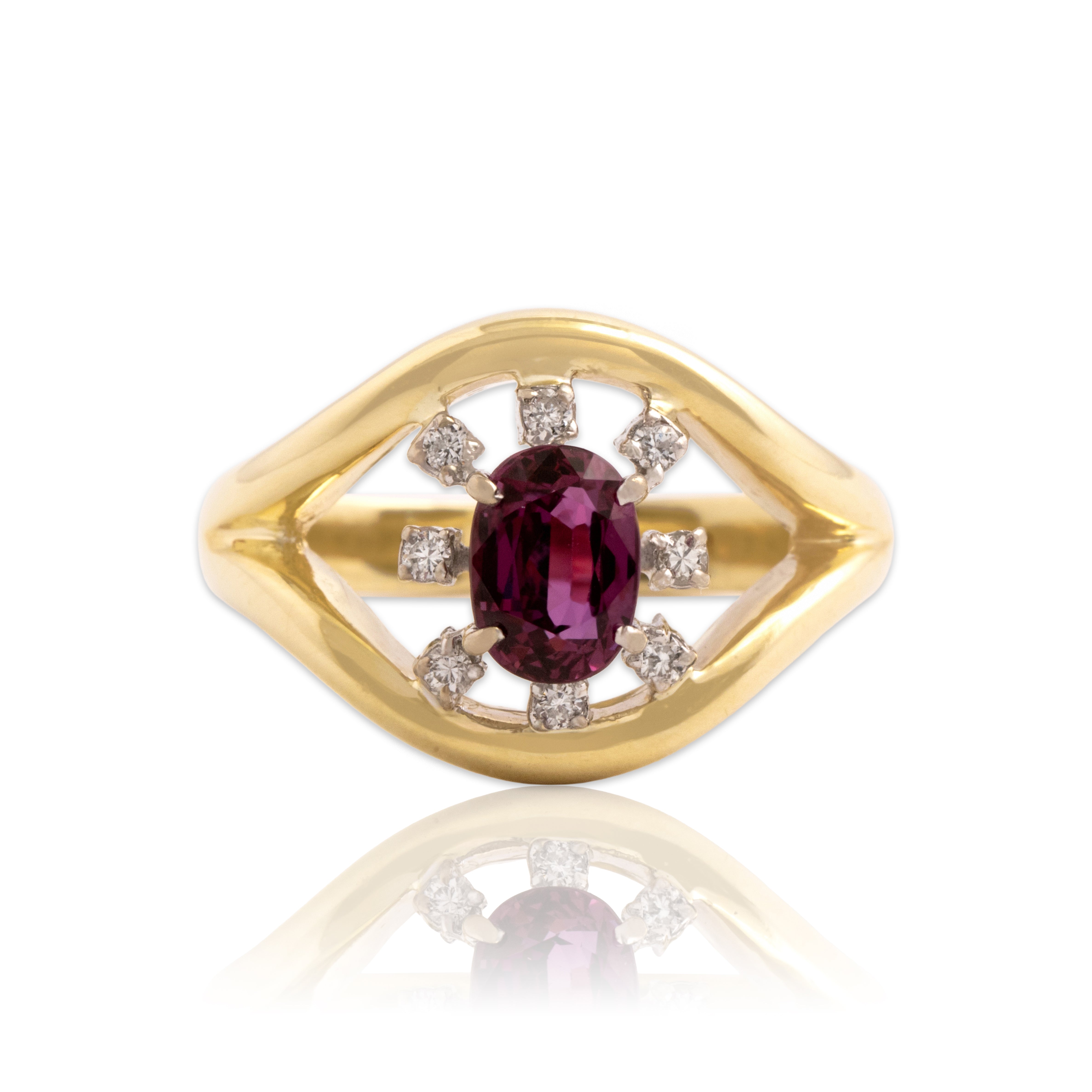 Vintage 14k Yellow Gold .8ct Ruby Diamond Fabulous Open Halo Ring  - Close-up view
