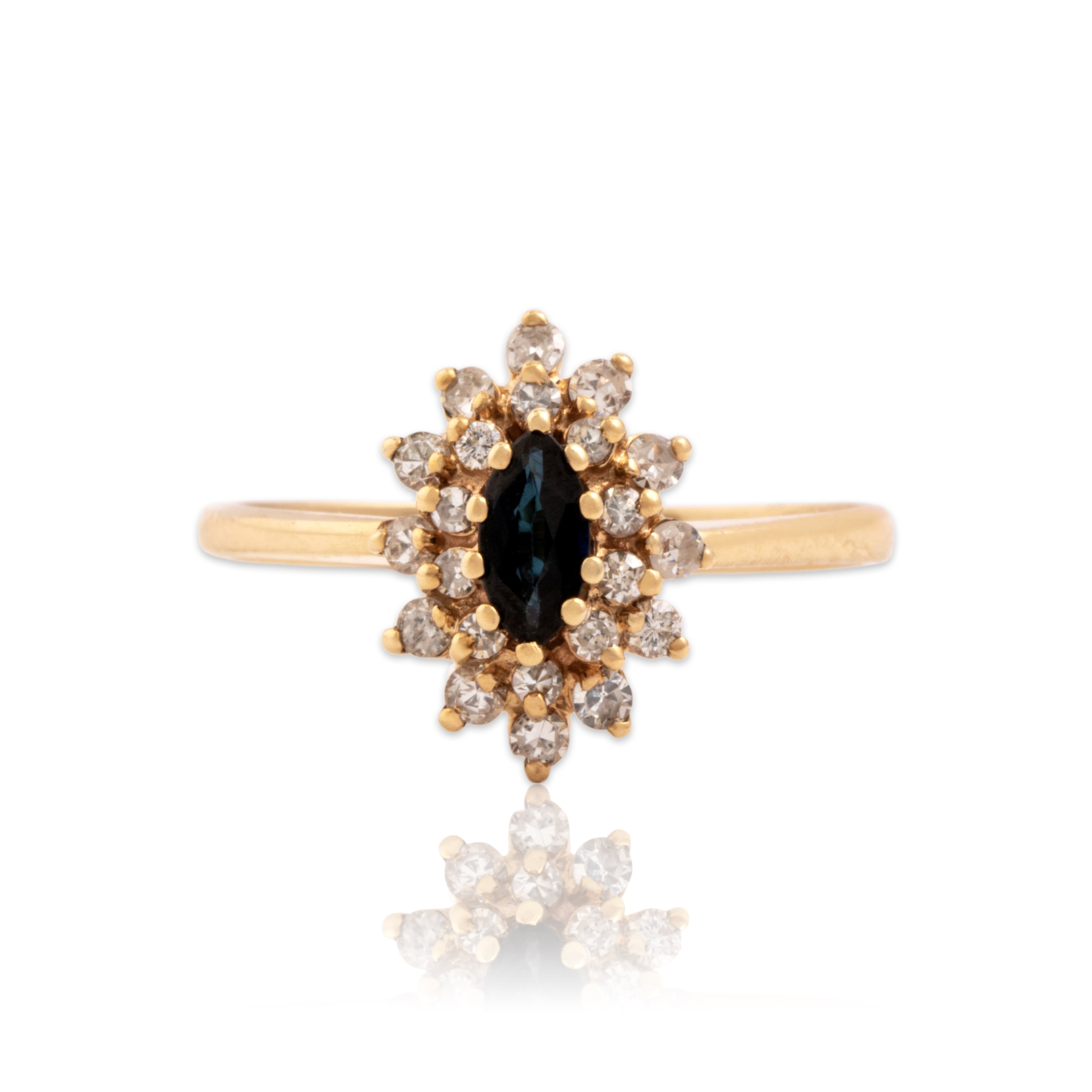 Vintage 10k Yellow Gold Blue Sapphire Diamond Double Navette Halo Ring - Close-up view