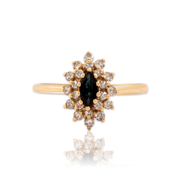 Vintage 10k Yellow Gold Blue Sapphire Diamond Double Navette Halo Ring 7.50