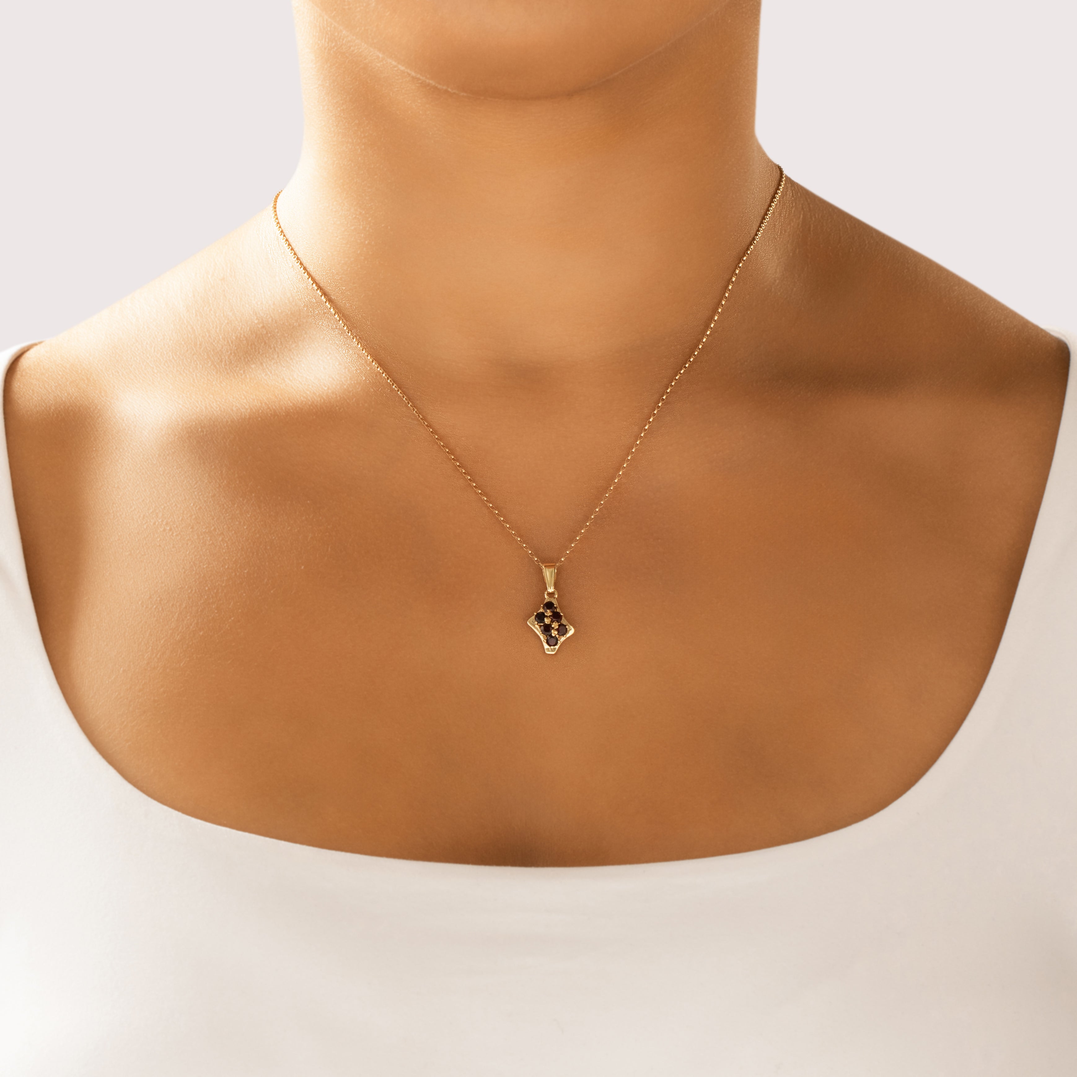 Vintage Small 14k Yellow Gold .74cttw Garnet Abstract Double Line Enhancer Pendant - On model view