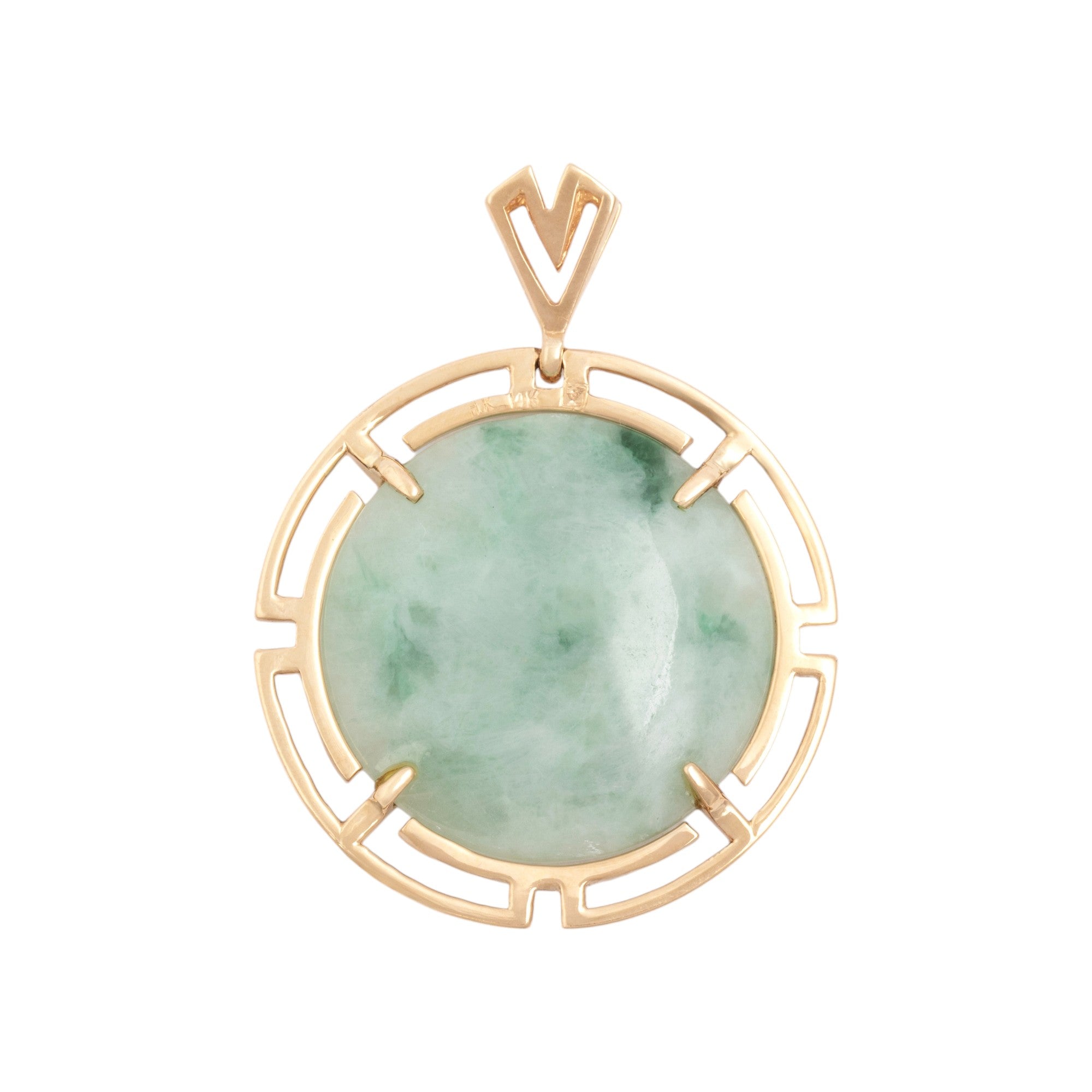 Vintage Large 14k Yellow Gold 25.15ct Jade Open Geometric Medallion Pendant