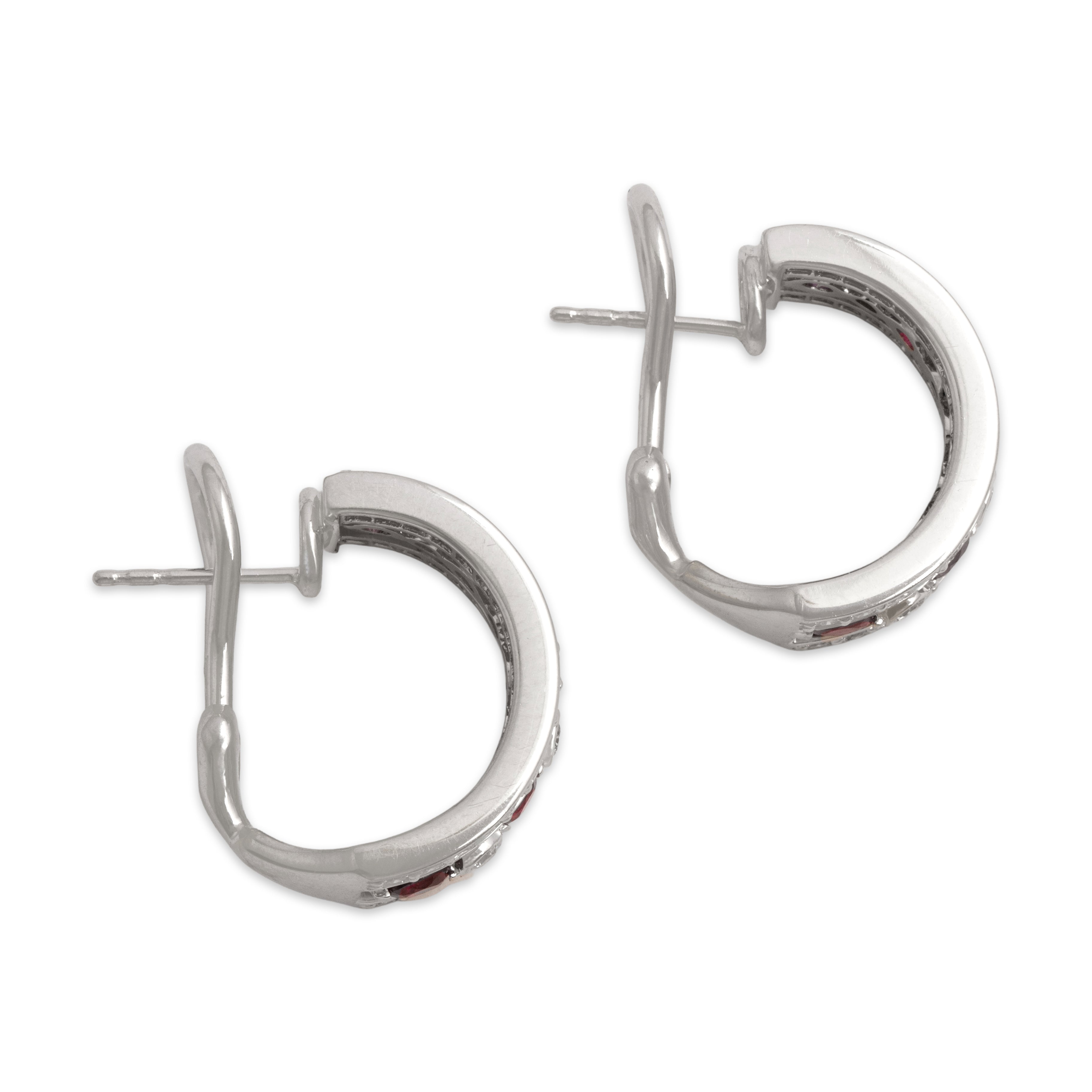 Vintage 18k White Gold 1.04cttw Ruby .74cttw Diamond Spectacular Sparkling Half-Hoop Omega-Back Earrings - Side view
