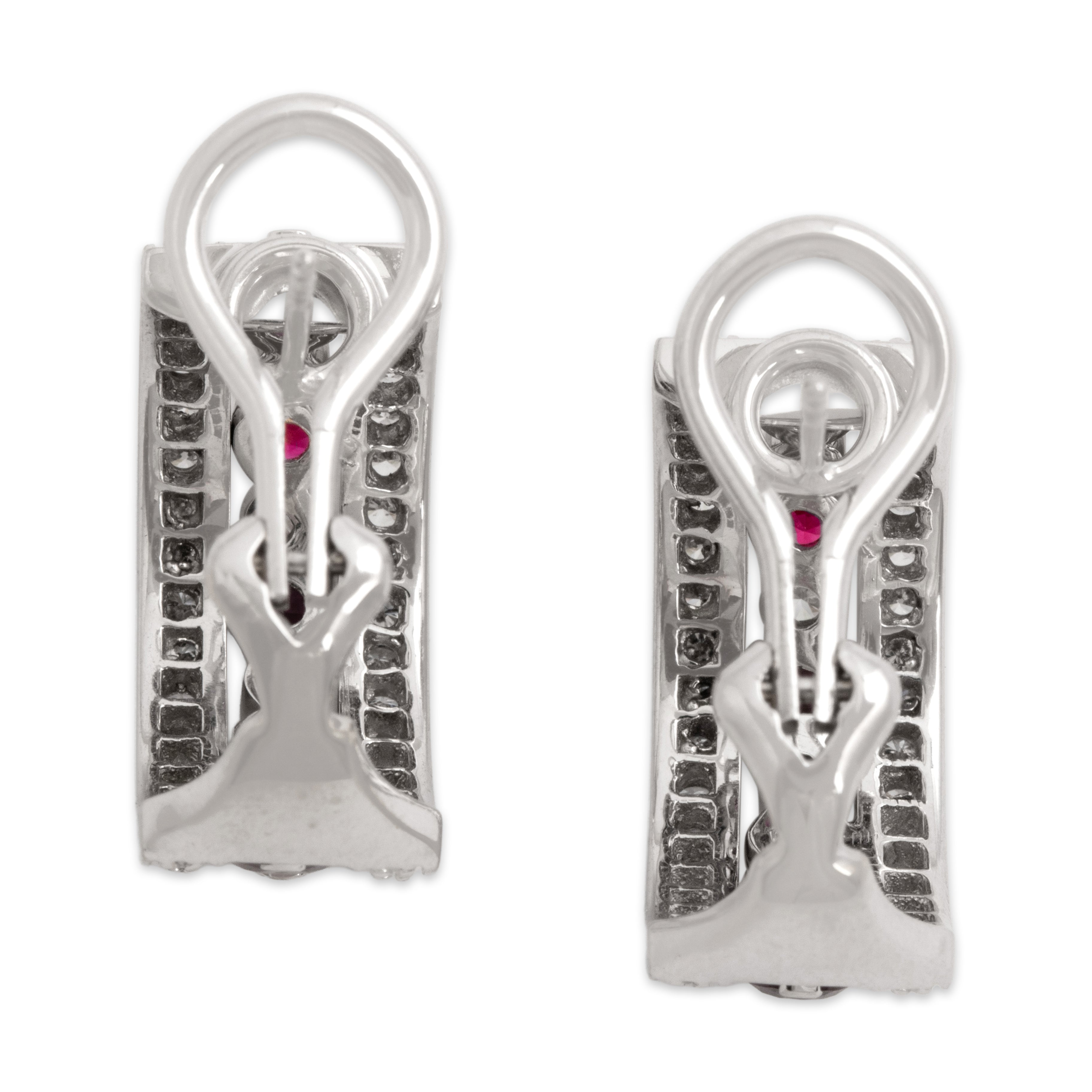 Vintage 18k White Gold 1.04cttw Ruby .74cttw Diamond Spectacular Sparkling Half-Hoop Omega-Back Earrings - Back view