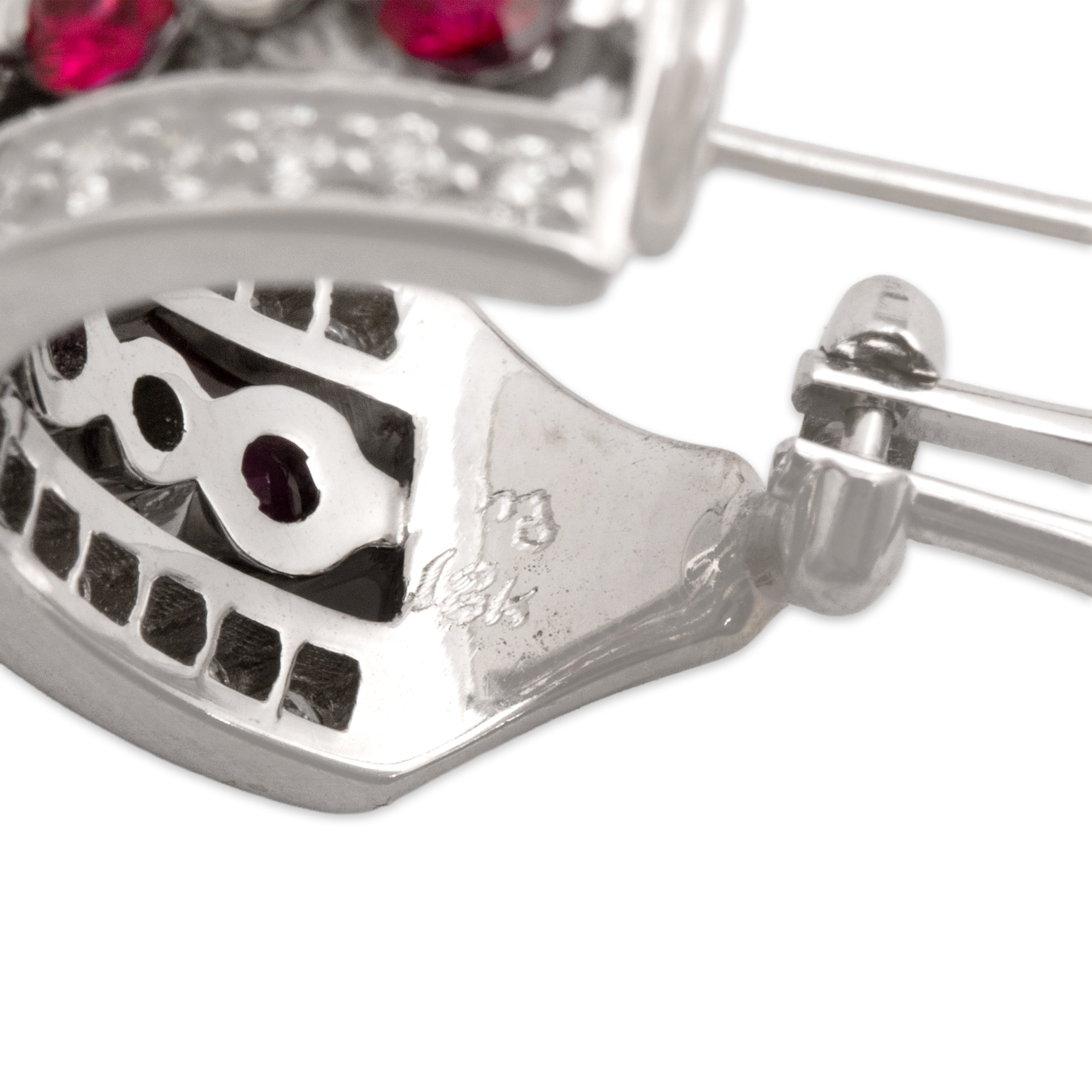 Vintage 18k White Gold 1.04cttw Ruby .74cttw Diamond Spectacular Sparkling Half-Hoop Omega-Back Earrings - Hallmark view