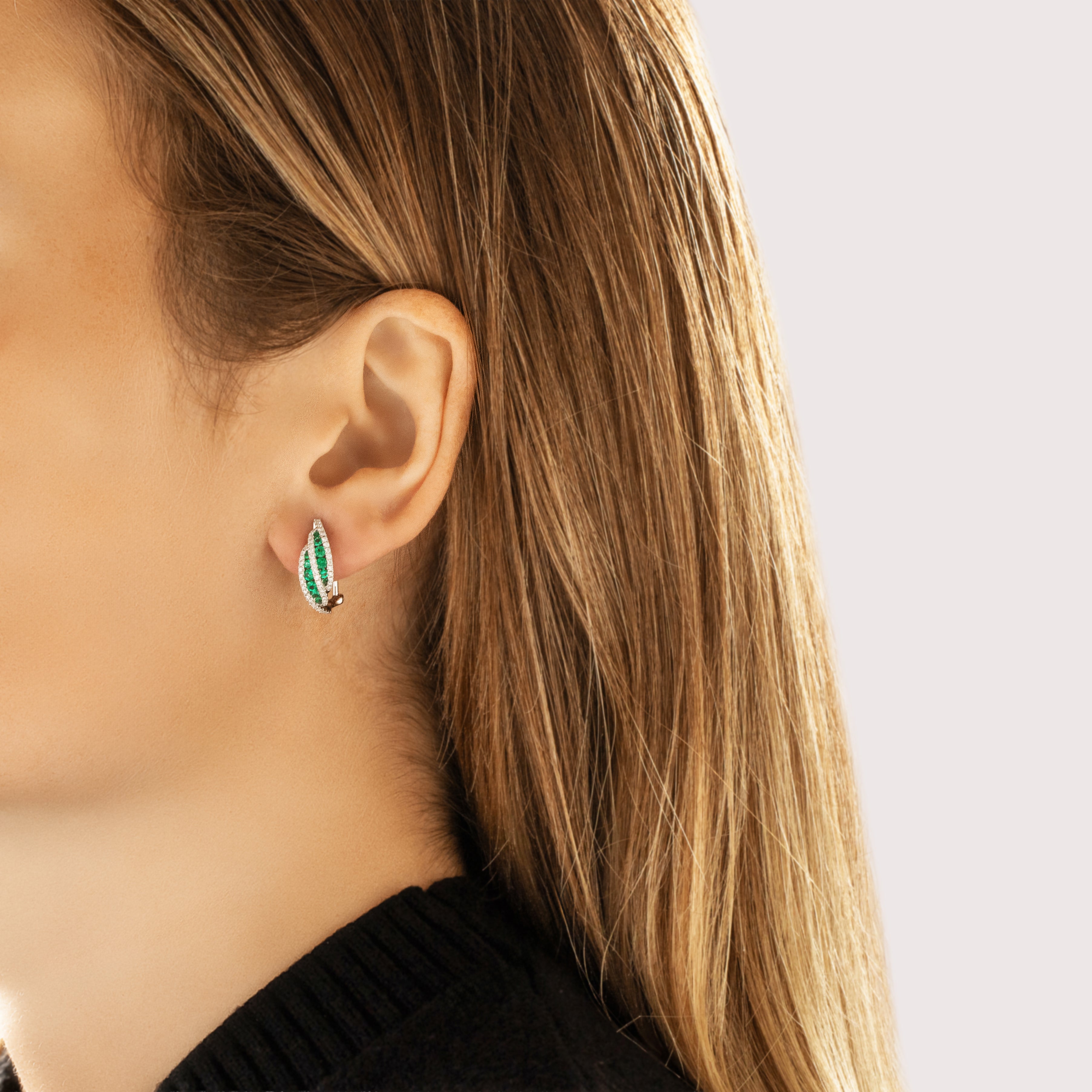 Estate 18k White Gold [Custom Carat] Fantastic Sparkling Double Line Omega-Back Earrings - On model view