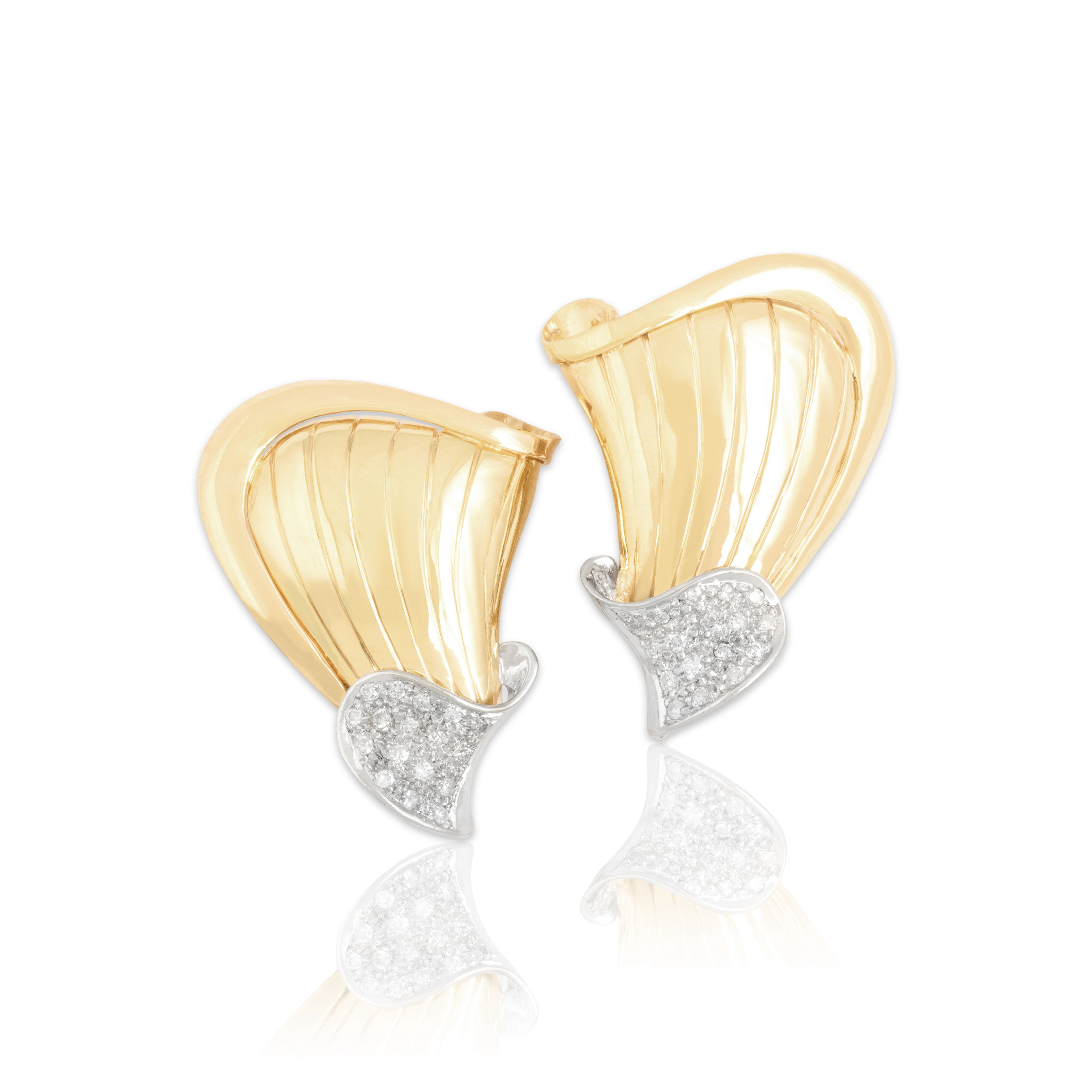 Vintage 14k Yellow & White Gold Diamond Dazzling Bold Fluted Omega Back Earrings