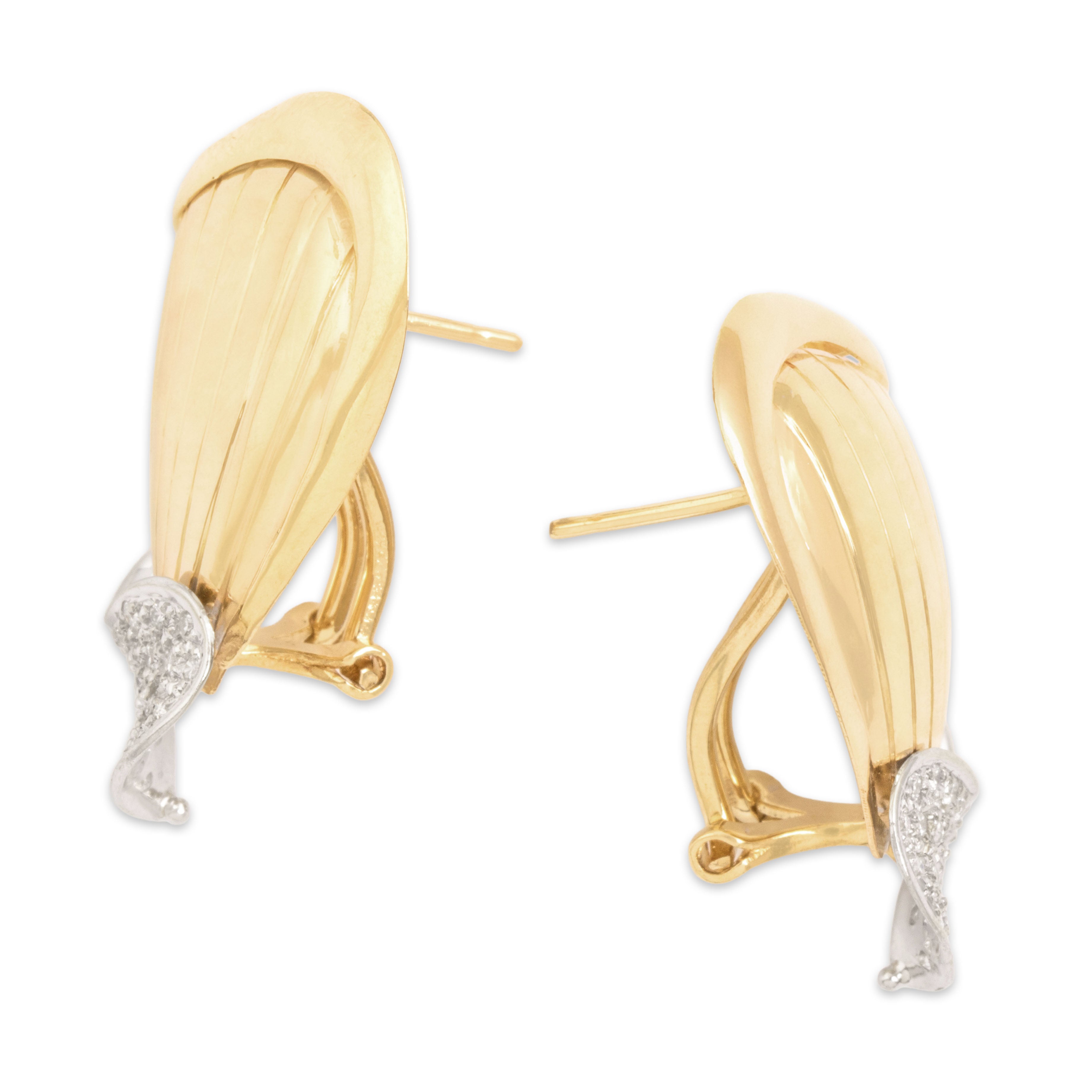 Vintage 14k Yellow & White Gold Diamond Dazzling Bold Fluted Omega Back Earrings
