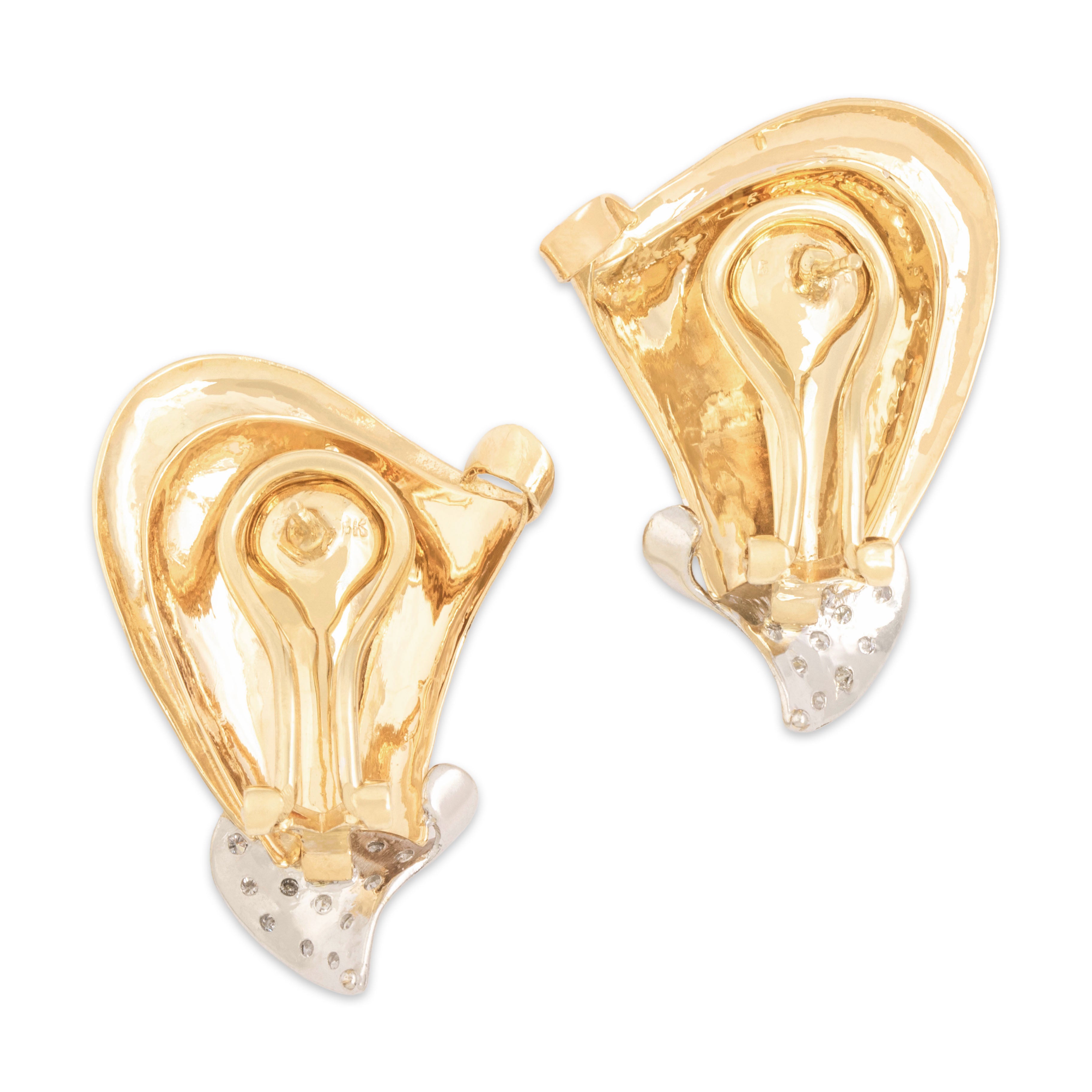 Vintage 14k Yellow & White Gold Diamond Dazzling Bold Fluted Omega Back Earrings