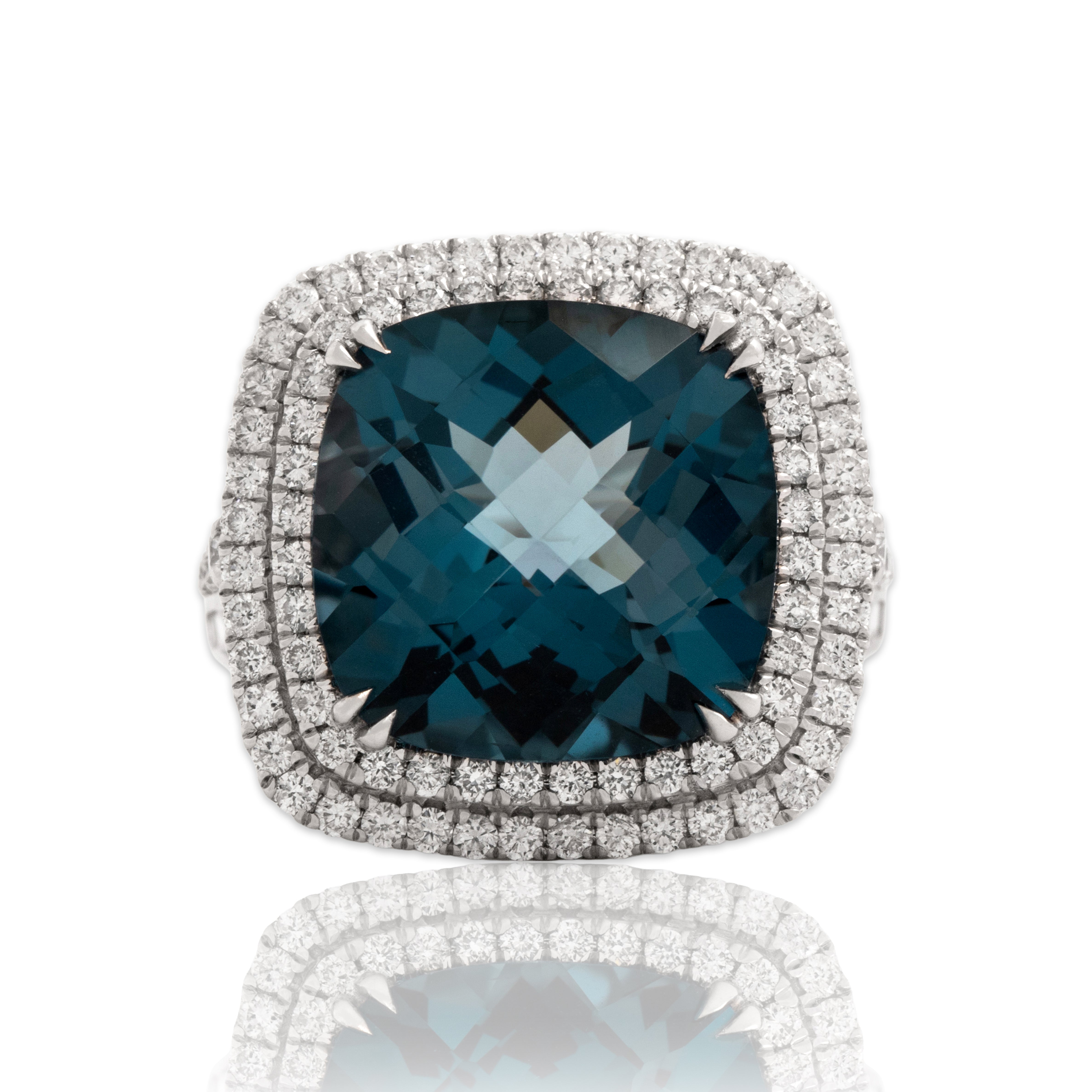 Estate Large 14k White Gold 13.13ct London Blue Topaz 1.15cttw Diamond R Checkerboard Cushion Cocktail Ring - Close-up view