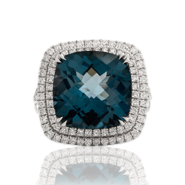 Estate Large 14k White Gold 13.13ct London Blue Topaz 1.15cttw Diamond Ring 7.00