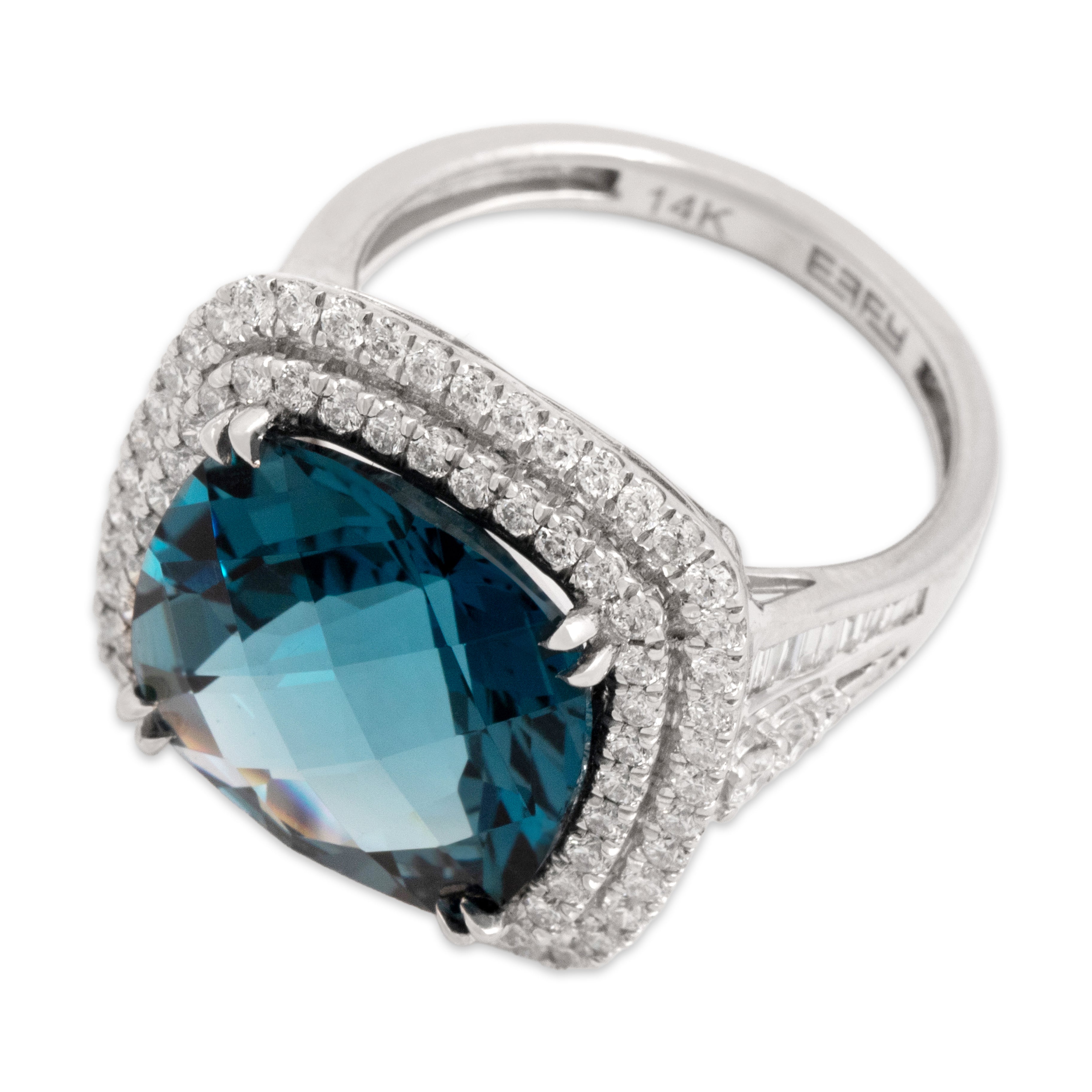 Estate Large 14k White Gold 13.13ct London Blue Topaz 1.15cttw Diamond R Checkerboard Cushion Cocktail Ring - Overall view