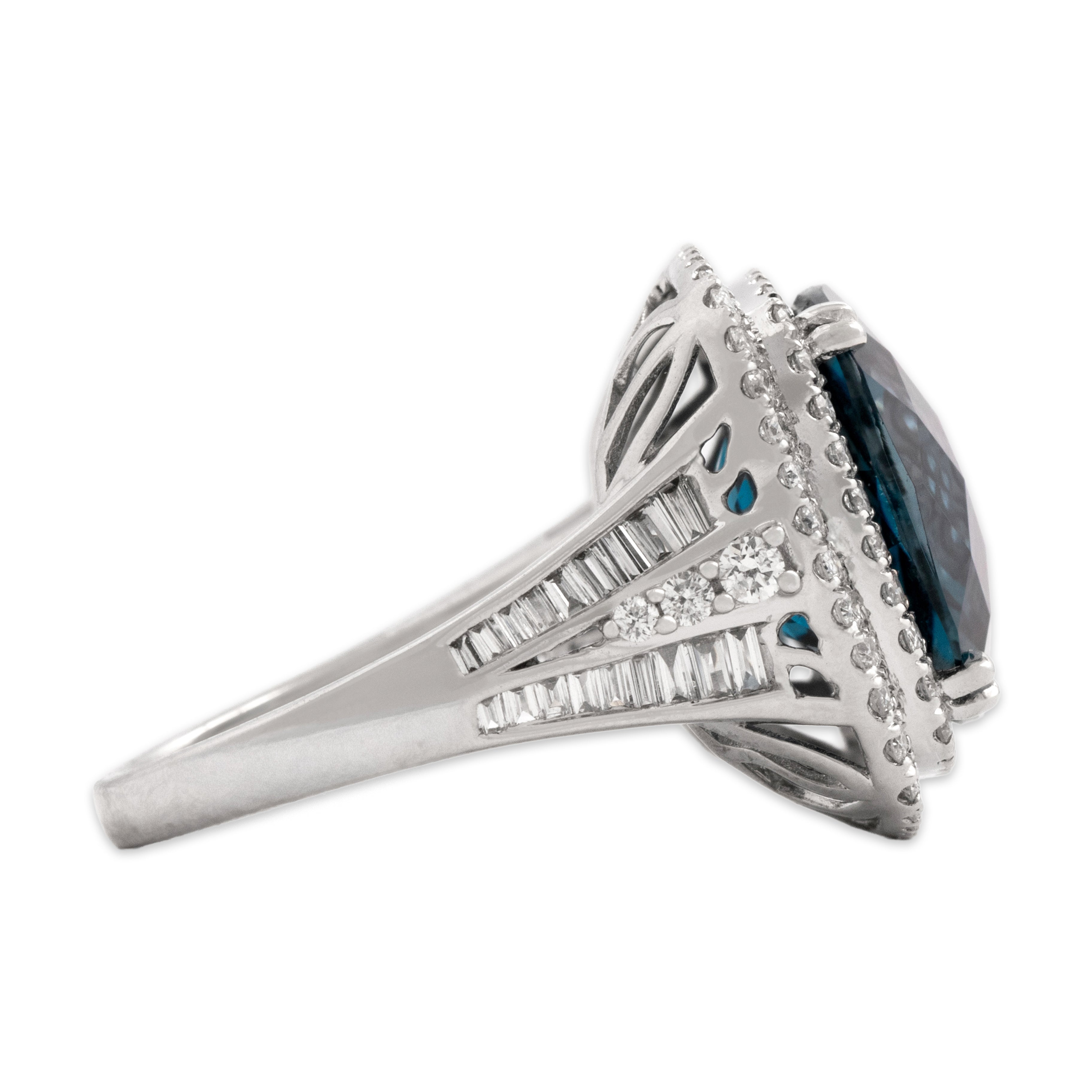 Estate Large 14k White Gold 13.13ct London Blue Topaz 1.15cttw Diamond R Checkerboard Cushion Cocktail Ring - Side view