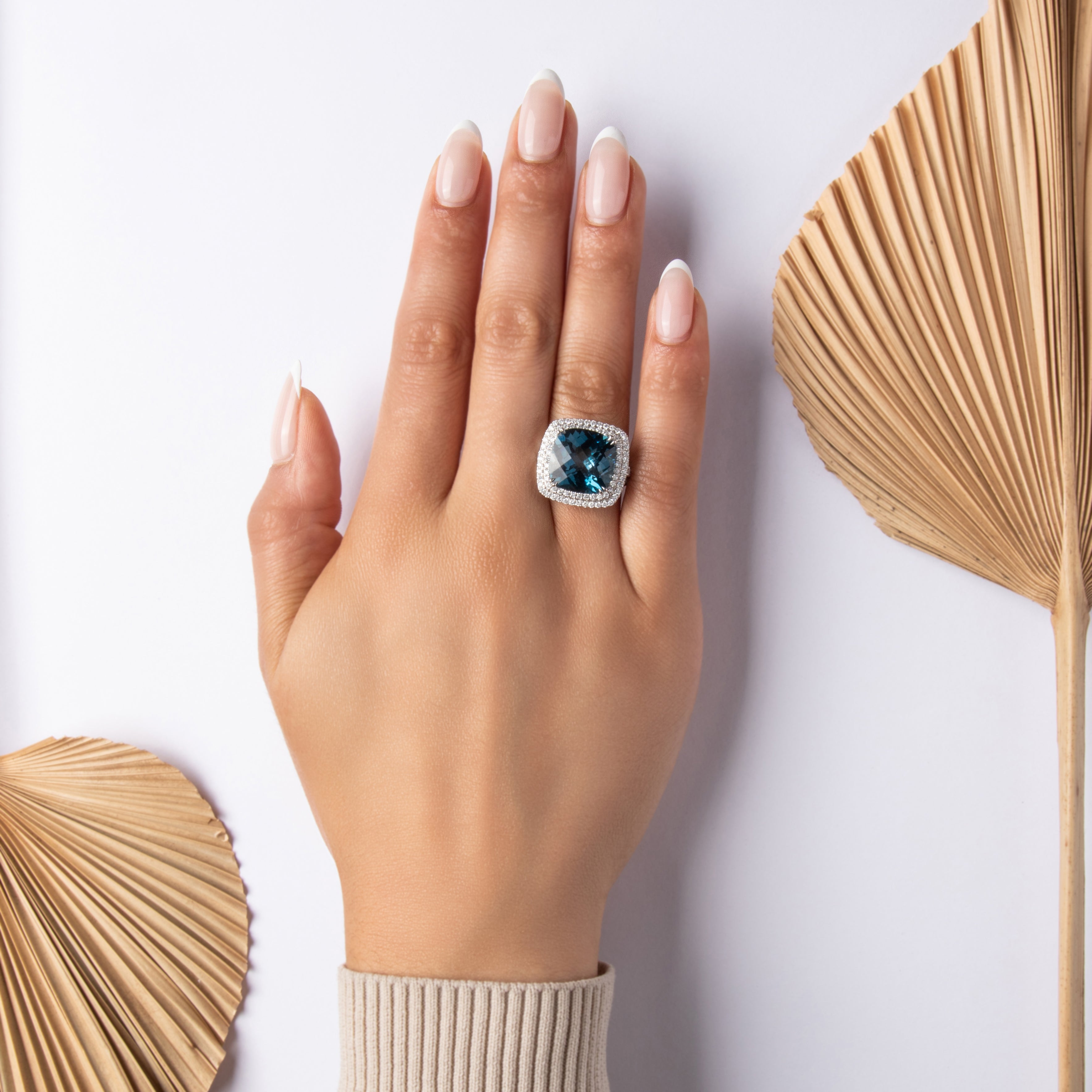 Estate Large 14k White Gold 13.13ct London Blue Topaz 1.15cttw Diamond R Checkerboard Cushion Cocktail Ring - On model view