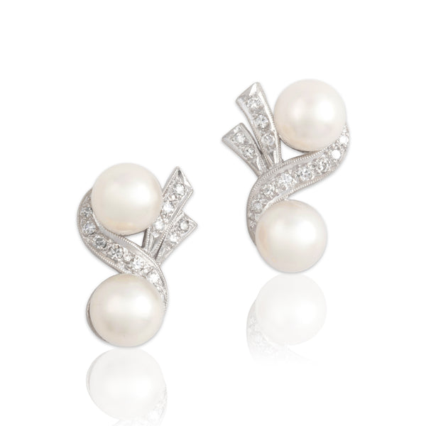 Vintage 14k White Gold Pearl Diamond Ribbon Accent Drop Stud Earrings