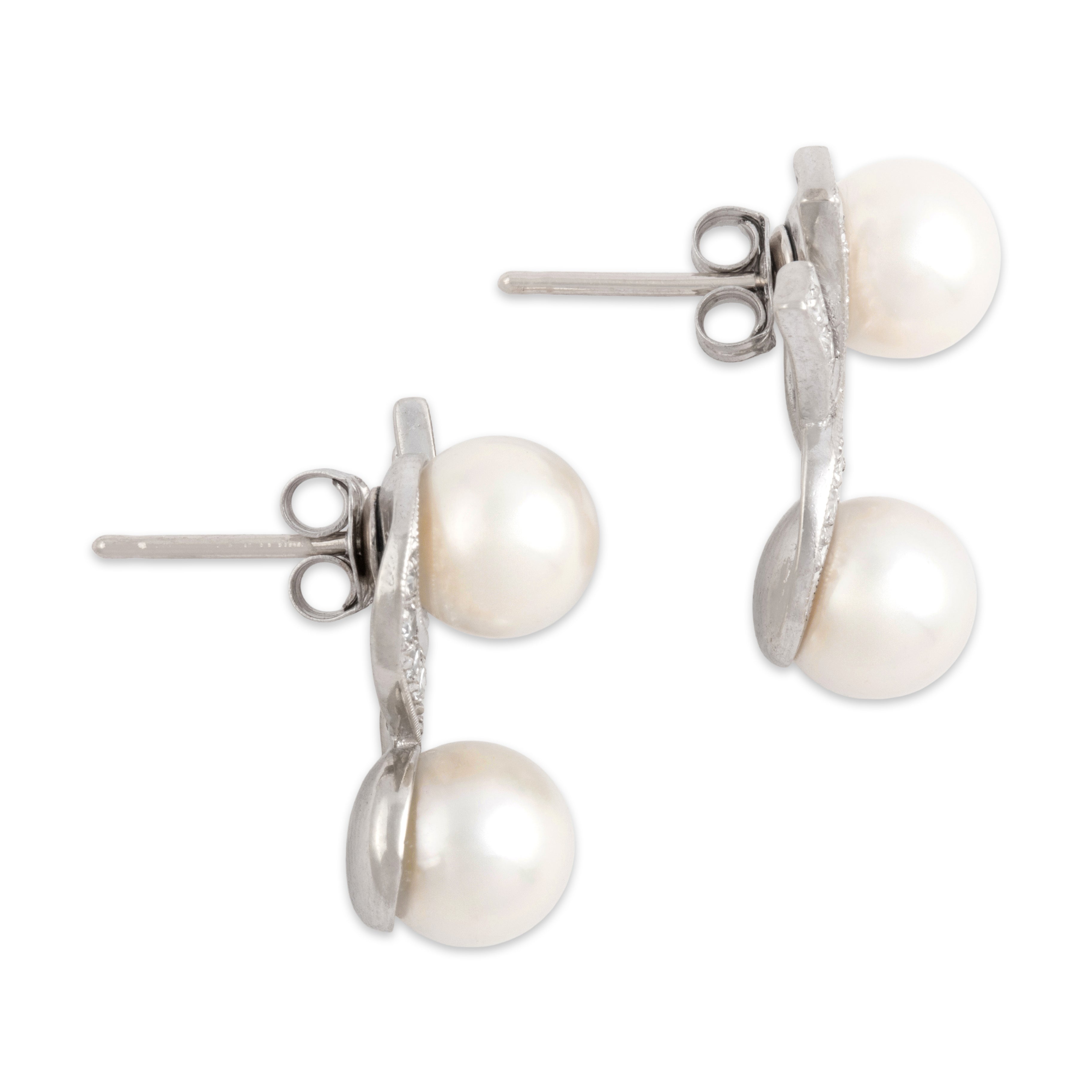 Vintage 14k White Gold Pearl Diamond Ribbon Accent Drop Stud Earrings