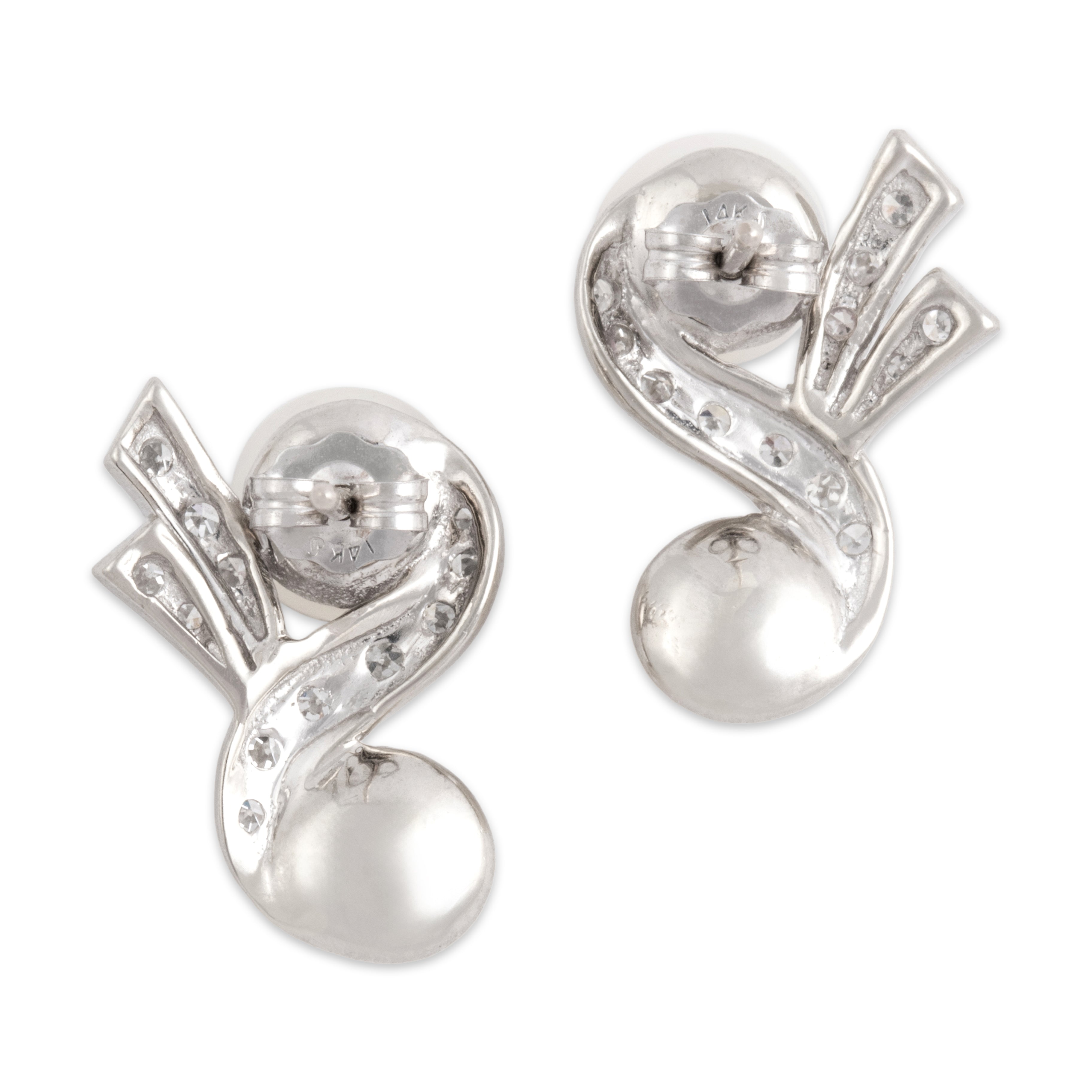 Vintage 14k White Gold Pearl Diamond Ribbon Accent Drop Stud Earrings - Back view
