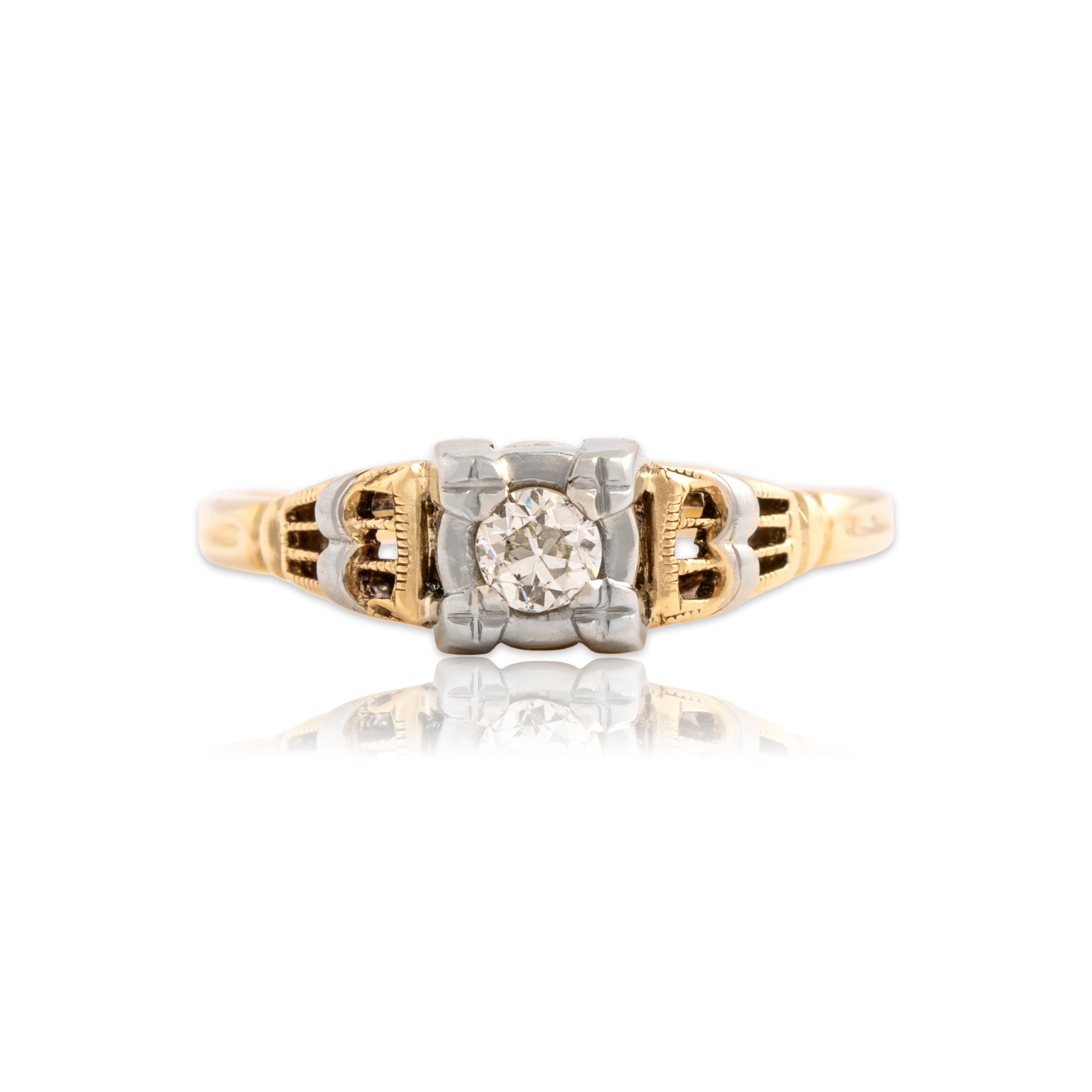 Vintage 14k Yellow & White Gold Old European Cut Diamond Sweet Heart-Detail Square-Set Solitaire Ring - Close-up view