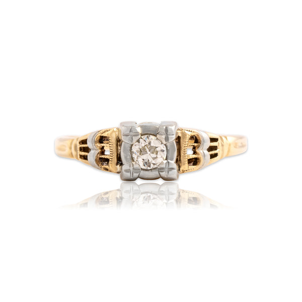 Vintage 14k Yellow & White Gold .14ct Old European Diamond Heart-Detail Ring 6.50