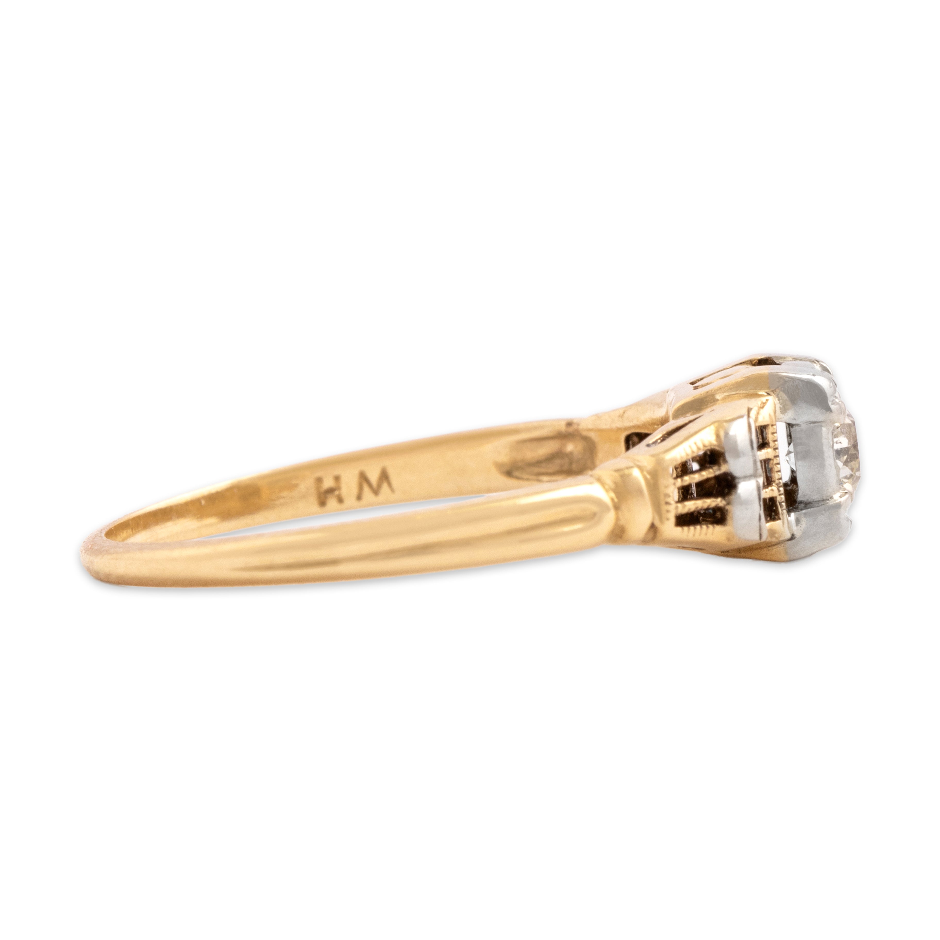 Vintage 14k Yellow & White Gold Old European Cut Diamond Sweet Heart-Detail Square-Set Solitaire Ring - Side view