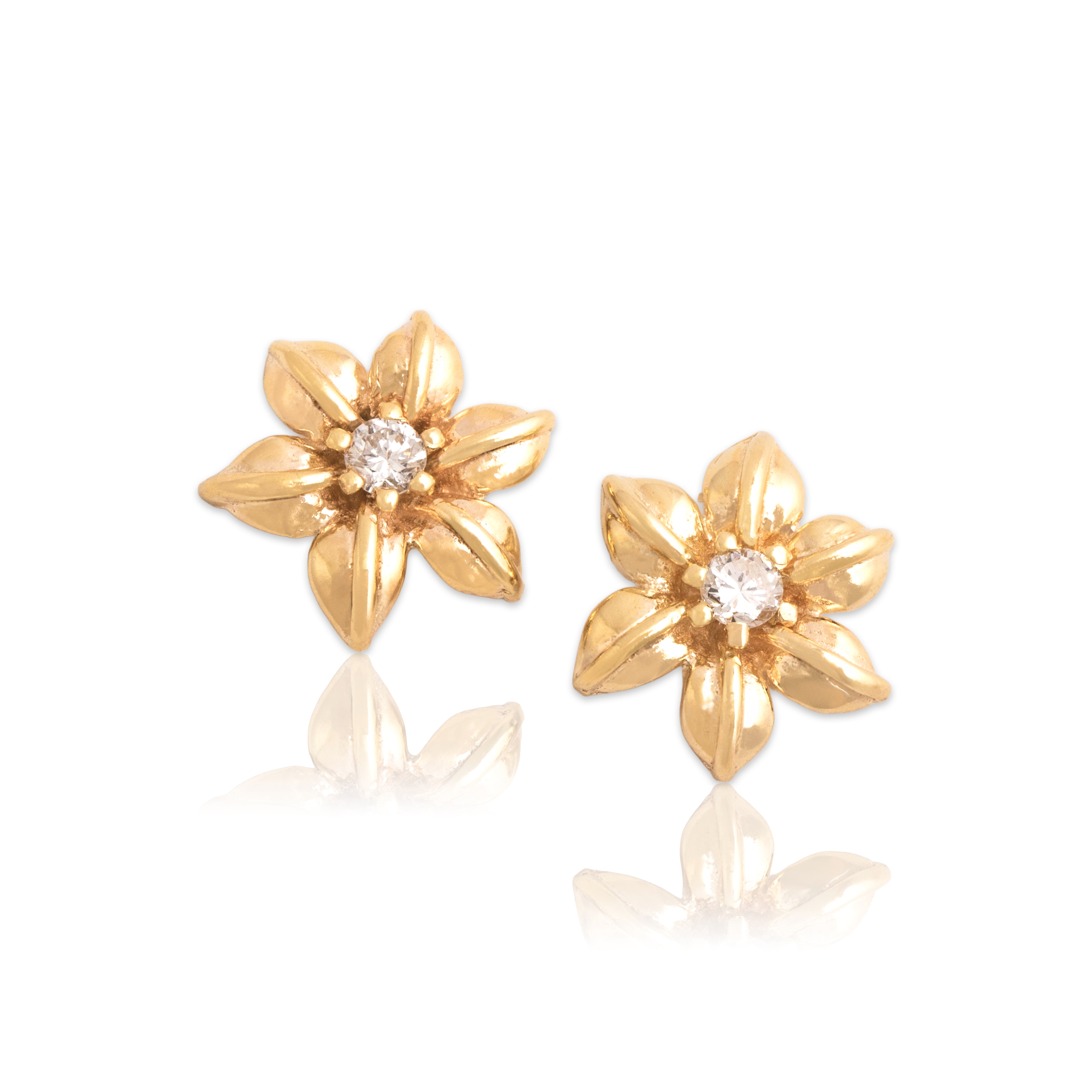 Vintage 14k Yellow Gold Diamond Blooming Tropical Flower Stud Earrings