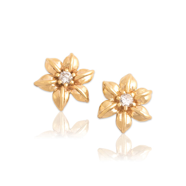 Vintage 14k Yellow Gold Diamond Blooming Tropical Flower Stud Earrings